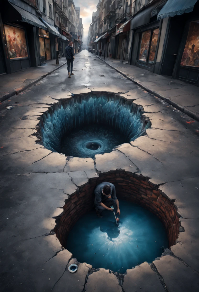 a street artist has painted a completely realistic hole full of water in the middle of a street, the artist with chalk in hand is kneeling beside it. Epic cinematic brilliant stunning intricate meticulously detailed dramatic atmospheric maximalist digital matte painting.