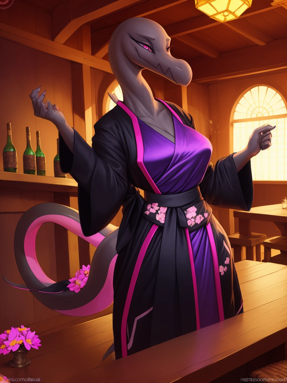 uploaded on e621, 3d , (bastika, cutesexyrobutts, hioshiru), female, solo, salazzle, tavern, (wearing a black kimono, long kimono, kimono with long sleeves, flowers on kimono) happy, natural breasts, long flowing tail