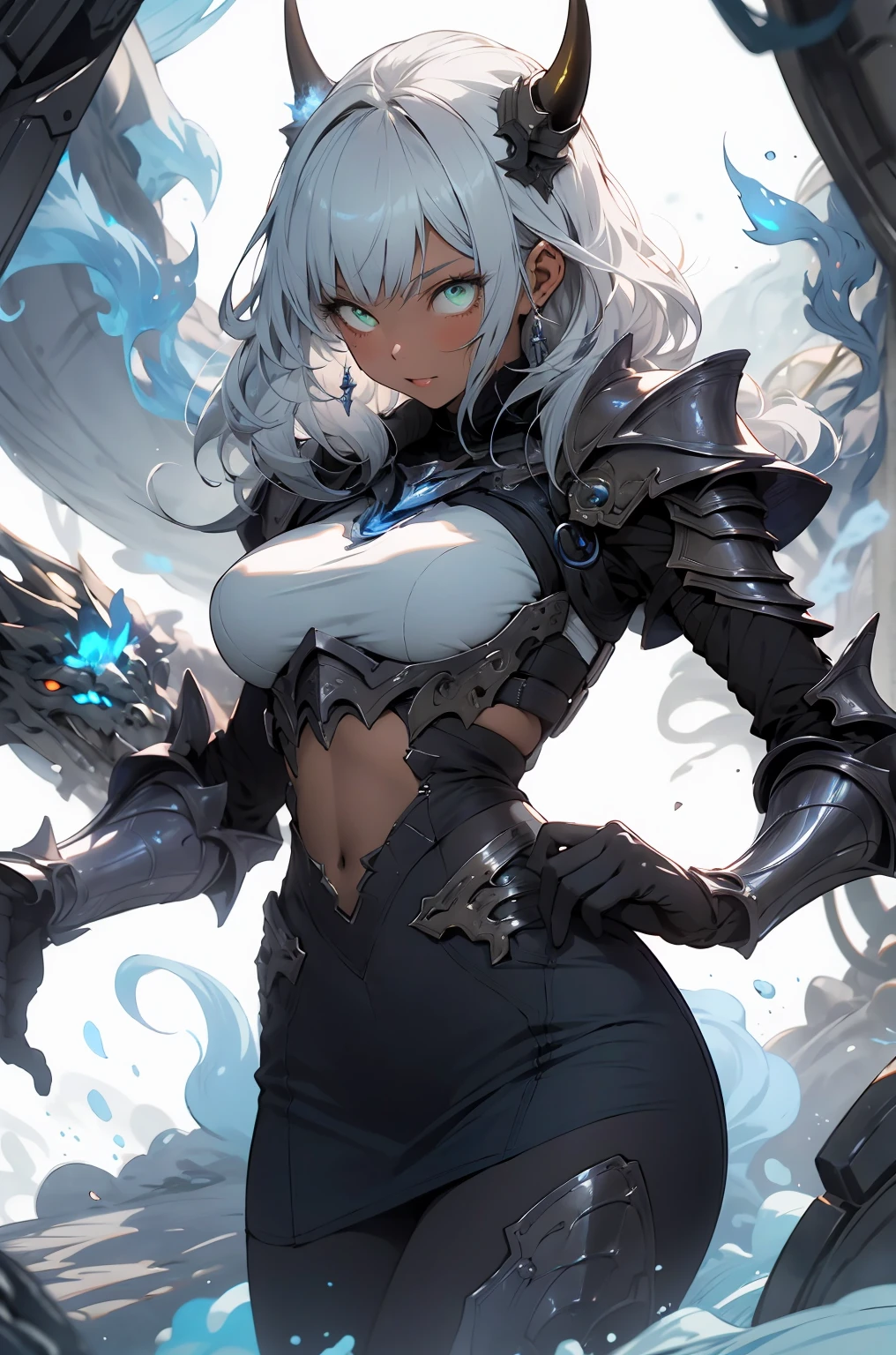 be realistic,(masterpiece,highest quality,highest quality,very detailed,fractal art,most detailed,(abstract background:1.5)(1 girl),Kamimei,(hair length),(green eyes shine、Breasts get bigger,stunned),crystallization,sexy、machine armor、tanned skin、Blake、Devil's horn、berserk , (burning blue flame:1.4),(black pencil skirt)