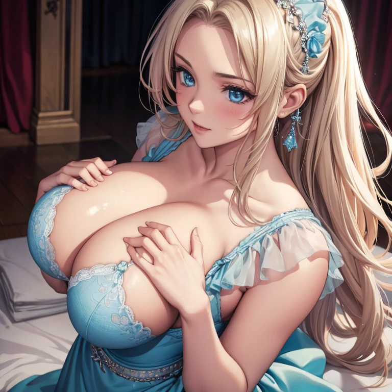 Blushing Cinderella in soft breasted lingerie grabs her breasts, Palms on chest, shy, Virgin, Sexual arousal, In the palace