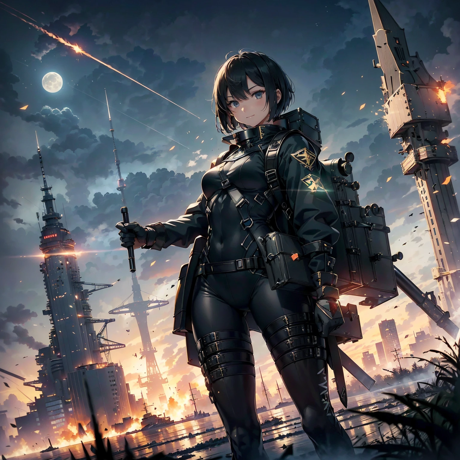 (highest quality,T Masterpiece,final solution,whole body):(24 year old female fighter,Slender、small face、Black Super Short Hair、Shiny black tight combat uniform,tight suit,dynamic angle、dynamic action、(dynamic pose:1.2)、normal posture,normal posture、Gentle smile、Backpack)、(Time Machine、Computer、skyscraper gun、weapons of the future、(Backpack:1.1)、Real World、Plankton rattle field、volumetric fog、gray fog、cigarette、 explosion、apocalyptic、destroyed city background、burning building:1.3、splash of water、starry ski、huge moon、Earth、destroyed giant robot、radio tower、airplane flying overhead、shooting star rocket truck、broken car、derailed train、tank、giant weapon、electronic equipment、Luminous mechanism)