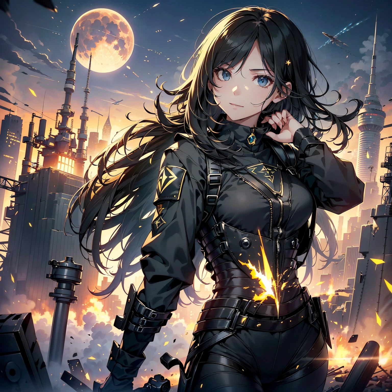 (highest quality,T Masterpiece,final solution,whole body):(24 year old female fighter,Slender、small face、Black Super Short Hair、Shiny black tight combat uniform,tight suit,dynamic angle、dynamic action、(dynamic pose:1.2)、normal posture,normal posture、Gentle smile、Backpack)、(Time Machine、Computer、skyscraper gun、weapons of the future、(Backpack:1.1)、Real World、Plankton rattle field、volumetric fog、gray fog、cigarette、 explosion、apocalyptic、destroyed city background、burning building:1.3、splash of water、starry ski、huge moon、Earth、destroyed giant robot、radio tower、airplane flying overhead、shooting star rocket truck、broken car、derailed train、tank、giant weapon、electronic equipment、Luminous mechanism)