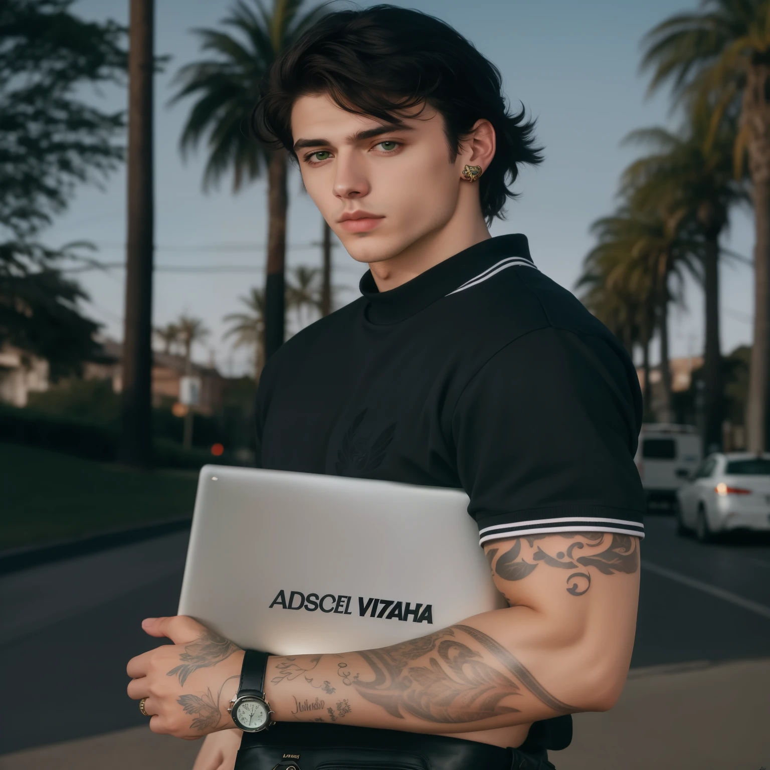 Arafed man with a tattoo holding a laptop on a street, editorial oficial de prada, editorial oficial valentino, Aleksander Rostov, editorial oficial de versace, editorial oficial de vuitton, en estilo de Monkeybone, estilo de seb mckinnon, rafael personnaz, clina cristiana, como personaje de GTAV, alexey egorov, zac retz, marca ariana, Pete Davidson, ojos verdes agua