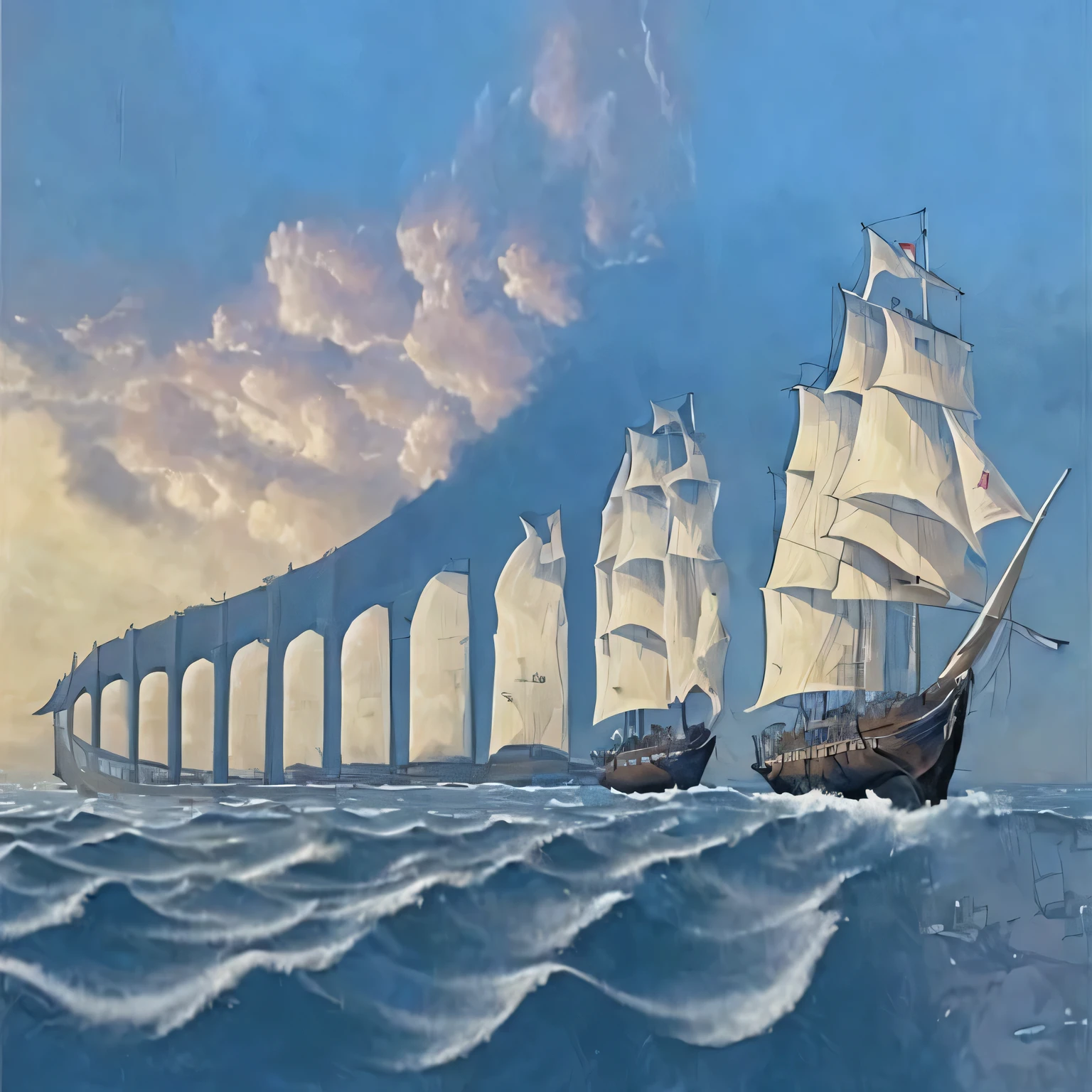 painting of a ship passing a bridge in the ocean, illusion surreal art, illusion painting hidden image, ships with sails underneath, inspired by Rob Gonsalves, optical illusion art, by Rob Gonsalves, surrealistic painting, surreal art, surrealism art, confusing optical illusion, surreal!!!, rob gonsalves and tim white, jim warren and rob gonsalves