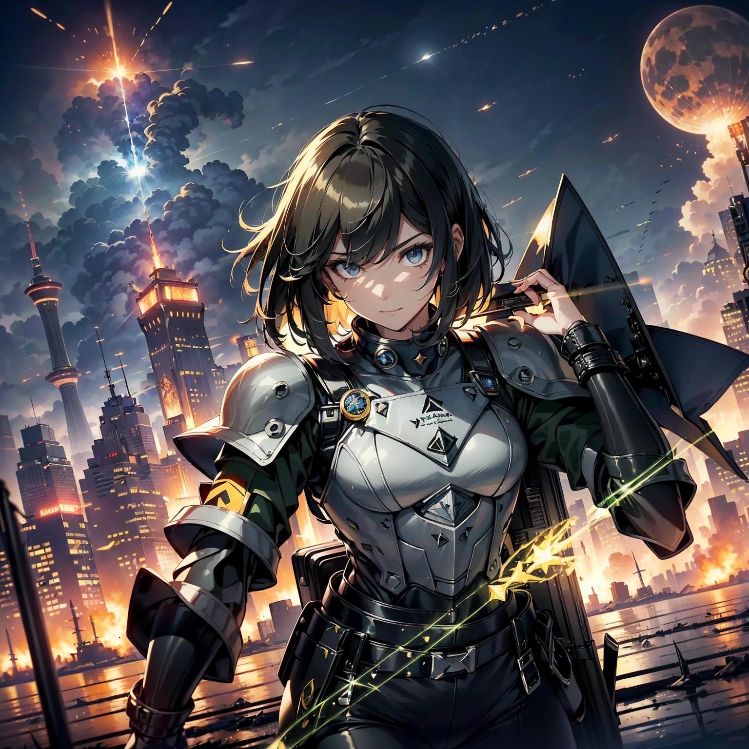 (highest quality，T Masterpiece，final solution，whole body):(24 year old female fighter，Slender、small face、Black Super Short Hair、Shiny black tight combat uniform，tight suit，dynamic angle、dynamic action、(dynamic pose:1.2)、normal posture，normal posture、Gentle smile、Backpack)、(Time Machine、Computer、skyscraper gun、weapons of the future、(Backpack:1.1)、Real World、Plankton rattle field、volumetric fog、gray fog、cigarette、 explosion、apocalyptic、destroyed city background、burning building:1.3、splash of water、starry ski、huge moon、Earth、destroyed giant robot、radio tower、airplane flying overhead、shooting star rocket truck、broken car、derailed train、tank、giant weapon、electronic equipment、Luminous mechanism)