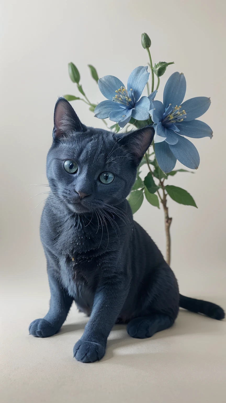 Not human, animal photo, It is a design with the theme of Russian blue cat and blue flowers。ロシアンブルーの猫の特徴的な青い毛皮がdetailedに描かれています、Blue flowers elegantly unfold。Pale background and delicate light and dark、Bringing tranquility and beauty to design。This work expresses the charm of the Russian Blue Cat and the elegance of blue flowers..。Watercolor sublimation, vector art, figure, 複雑なdetailed, 非常にdetailedな, detailed, 12k, High resolution, hyper hd