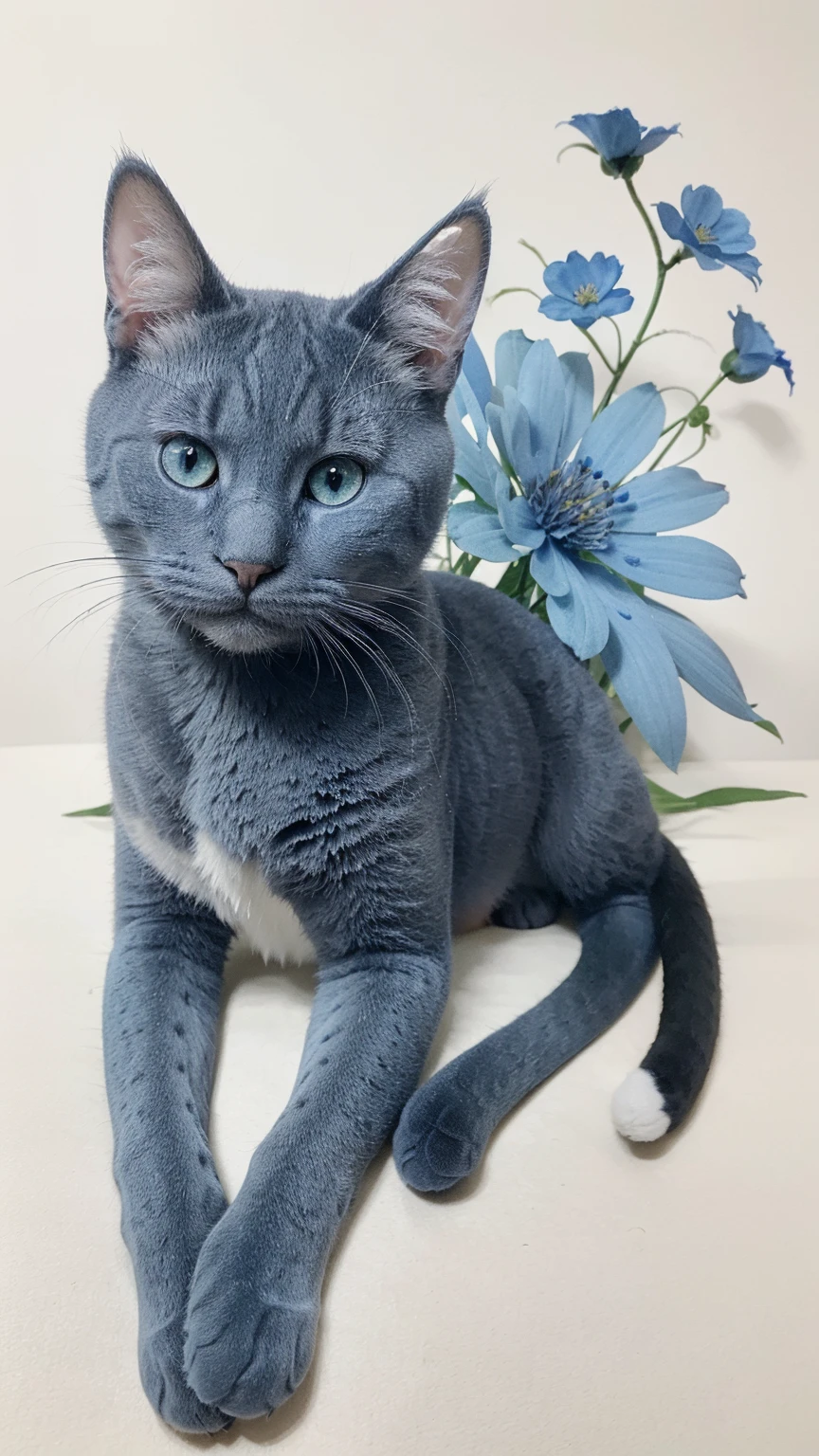 Not human, animal photo, It is a design with the theme of Russian blue cat and blue flowers。ロシアンブルーの猫の特徴的な青い毛皮がdetailedに描かれています、Blue flowers elegantly unfold。Pale background and delicate light and dark、Bringing tranquility and beauty to design。This work expresses the charm of the Russian Blue Cat and the elegance of blue flowers..。Watercolor sublimation, vector art, figure, 複雑なdetailed, 非常にdetailedな, detailed, 12k, High resolution, hyper hd