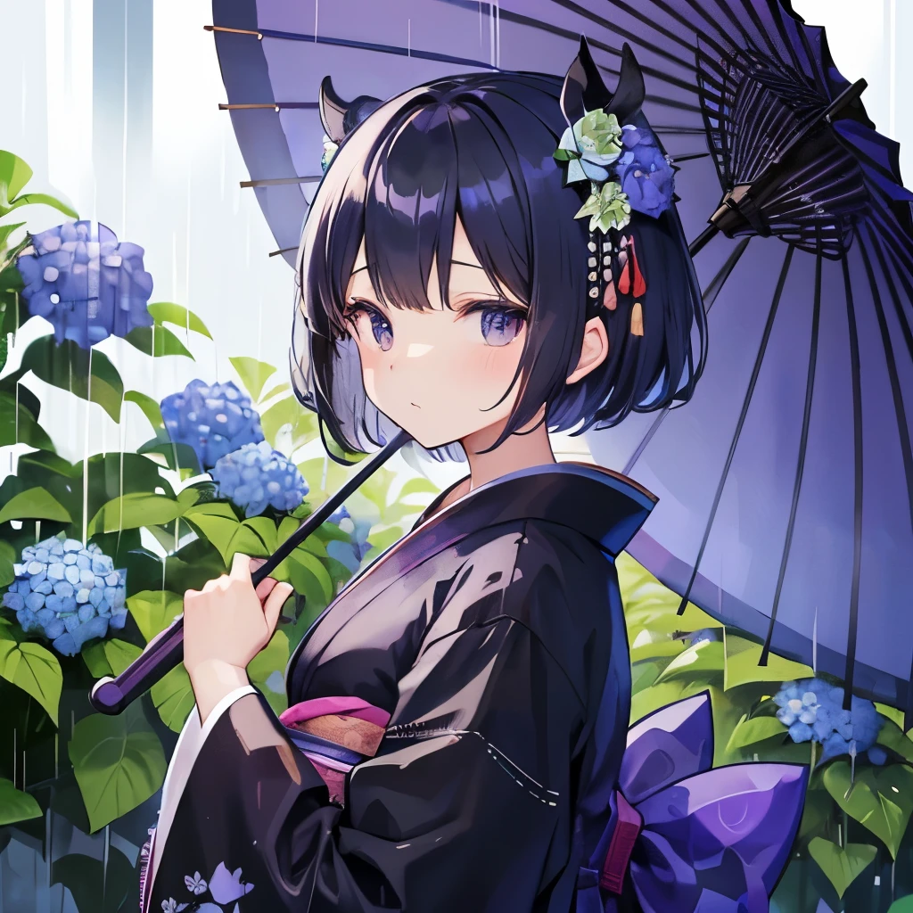 hortensia、kimono、black kimono、青と紫のhortensiaの刺繍が入ったkimono、rain、梅rain、hortensiaの髪飾り、blue-purple Japanese umbrella、short hair、turn around