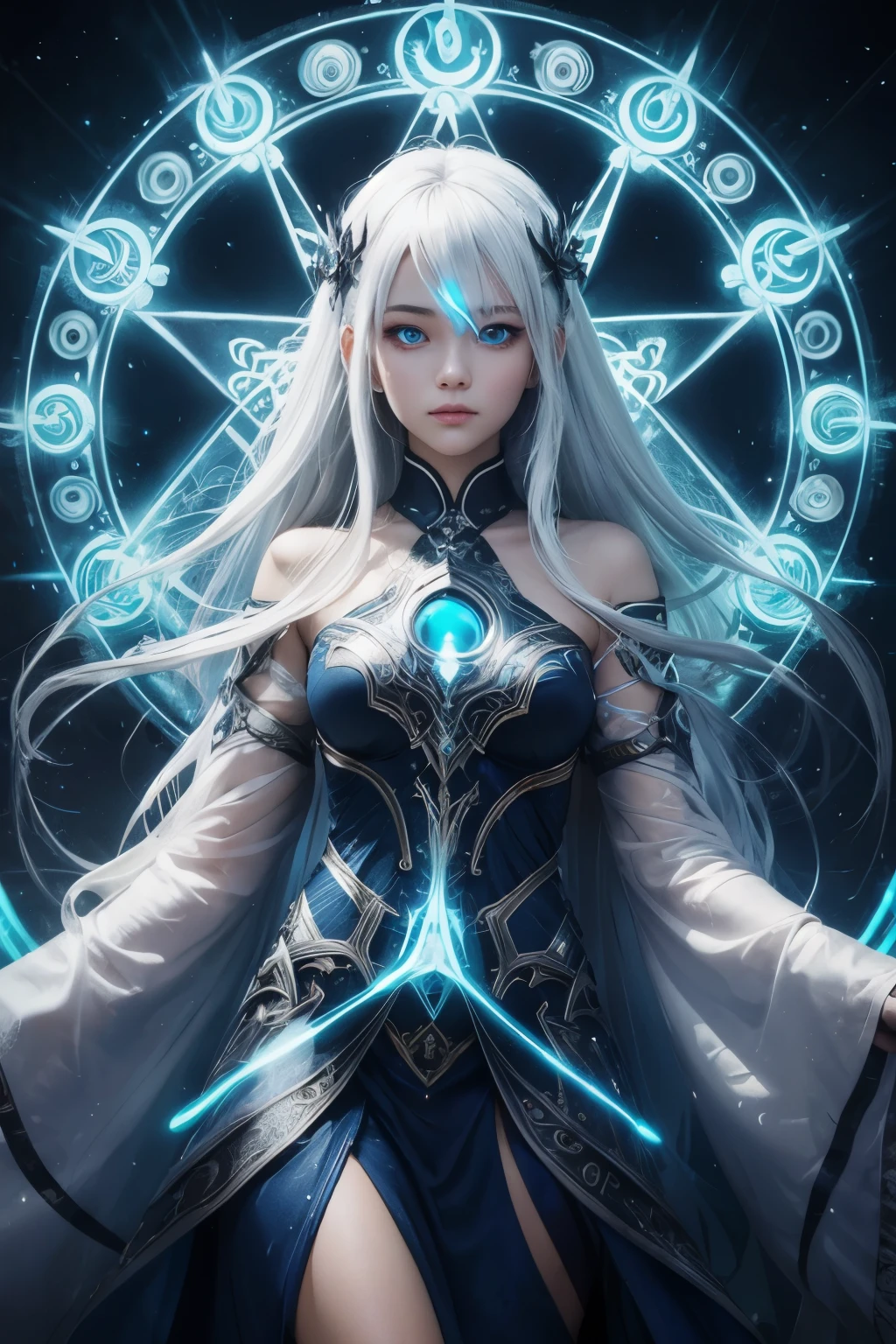 ((upper body)), best quality, masterpiece, a Japanese woman with ((Luminescence white hair)), ((detailed pearl blue eye)), high detailed goddess soul, focus on character, solo, (style swirl magic), solo, from front, front view, looking at viewer, detailed face, ((Luminescence Lighting Magic Circle theme)), perched on a ledge, tight neon body, light streaks, dark abyssal wanderer abstract, ((Simple Luminescence Neon Gown)), inscribed with mystical runes, outdoor dystopian background,