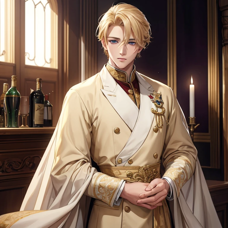 A handsome young prince with blond hair looks with a loving gaze