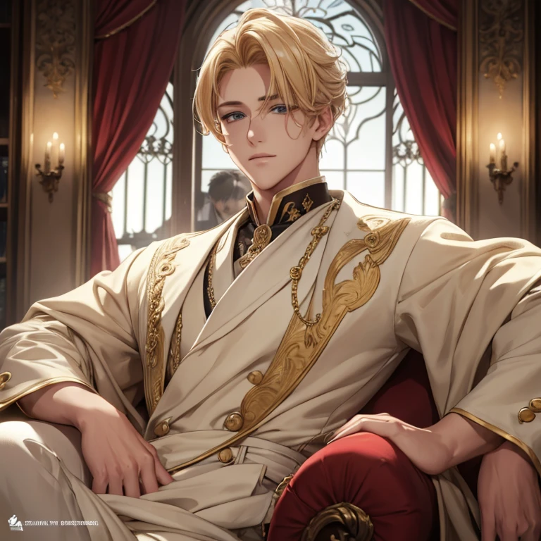 A handsome young prince with blond hair looks with a loving gaze