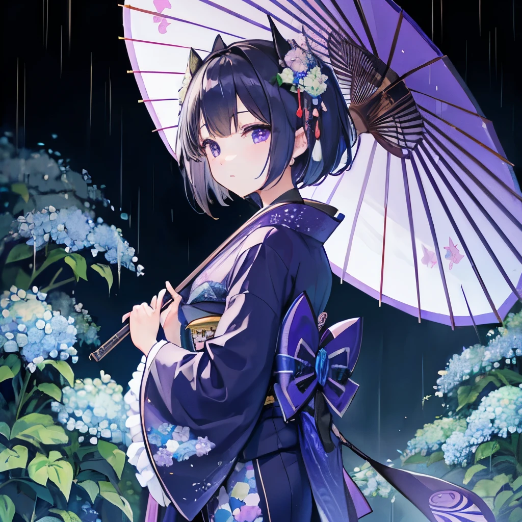 hortensia、kimono、black kimono、青と紫のhortensiaの刺繍が入ったkimono、rain、梅rain、hortensiaの髪飾り、blue-purple Japanese umbrella、short hair、turn around