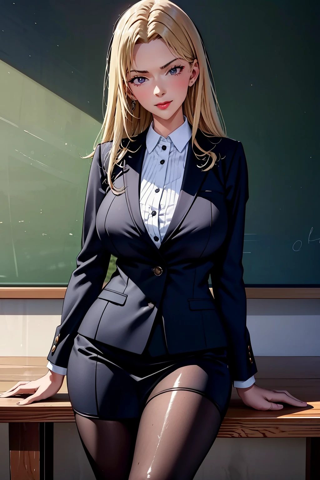 A beautiful teacher in a suit stands in a room, There is a blackboard on the wall behind her, Beautiful teacher, sexy, Aloof, Black stockings wrap long legs, light brown hair, licking lips, Sony FE GM, UHD, retina, ccurate, masterpiece, anatomically correct, textured skin, super detail, high quality, high details, best quality, highres, 1080P