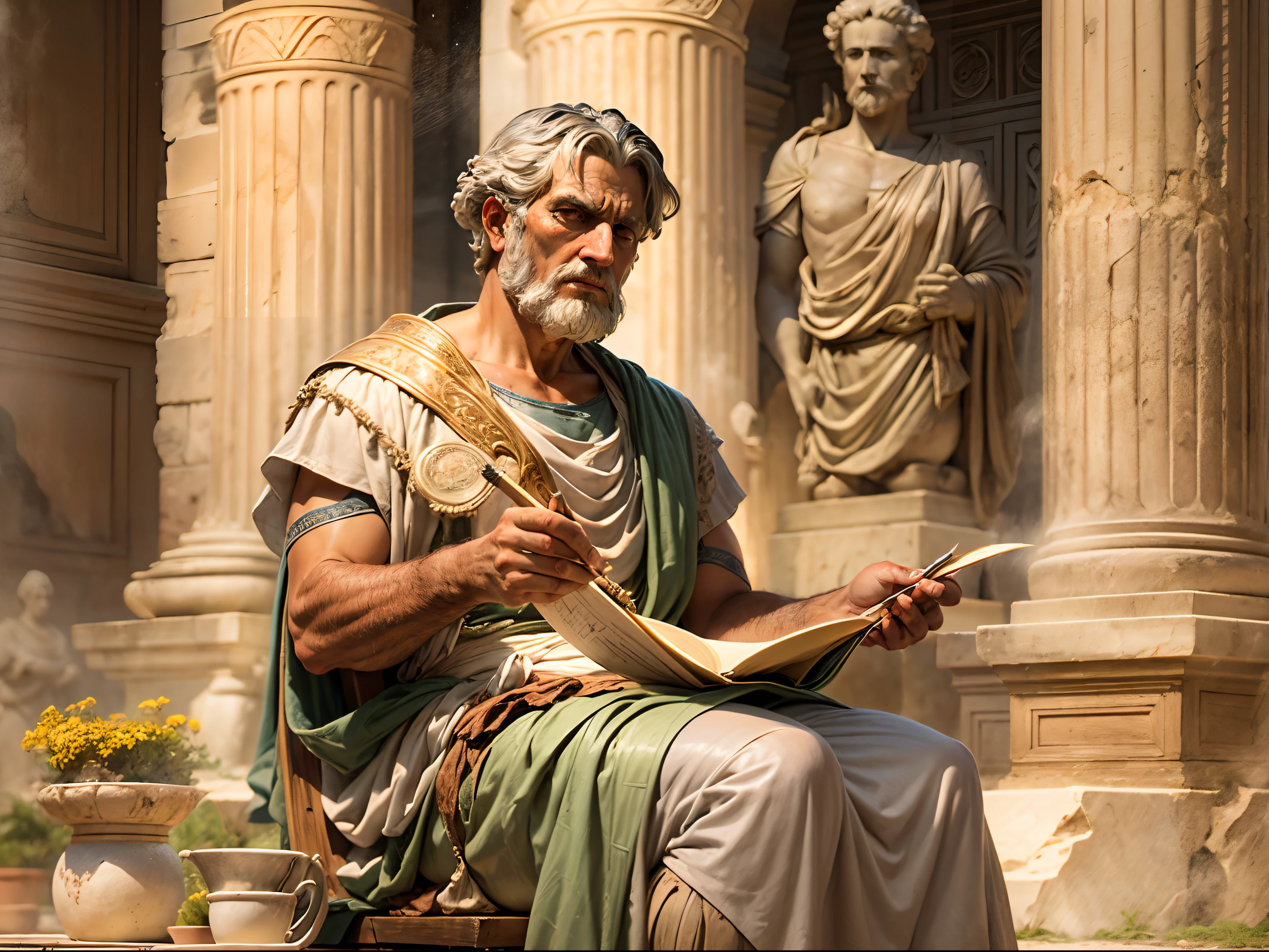 Seneca, 1st century Roman villa, segurando um pergaminho, Stoic expression, historic portrait, Arte romana, natural lighting, Cores terrosas, rough brushstrokes, Detalhes simples, marble columns, luz solar quente, wooden furniture, atmosfera serena, visitantes curiosos, philosophical ambience, arquitetura romana, classical sculptures, roupas modestas, atmosfera digna, wise expression