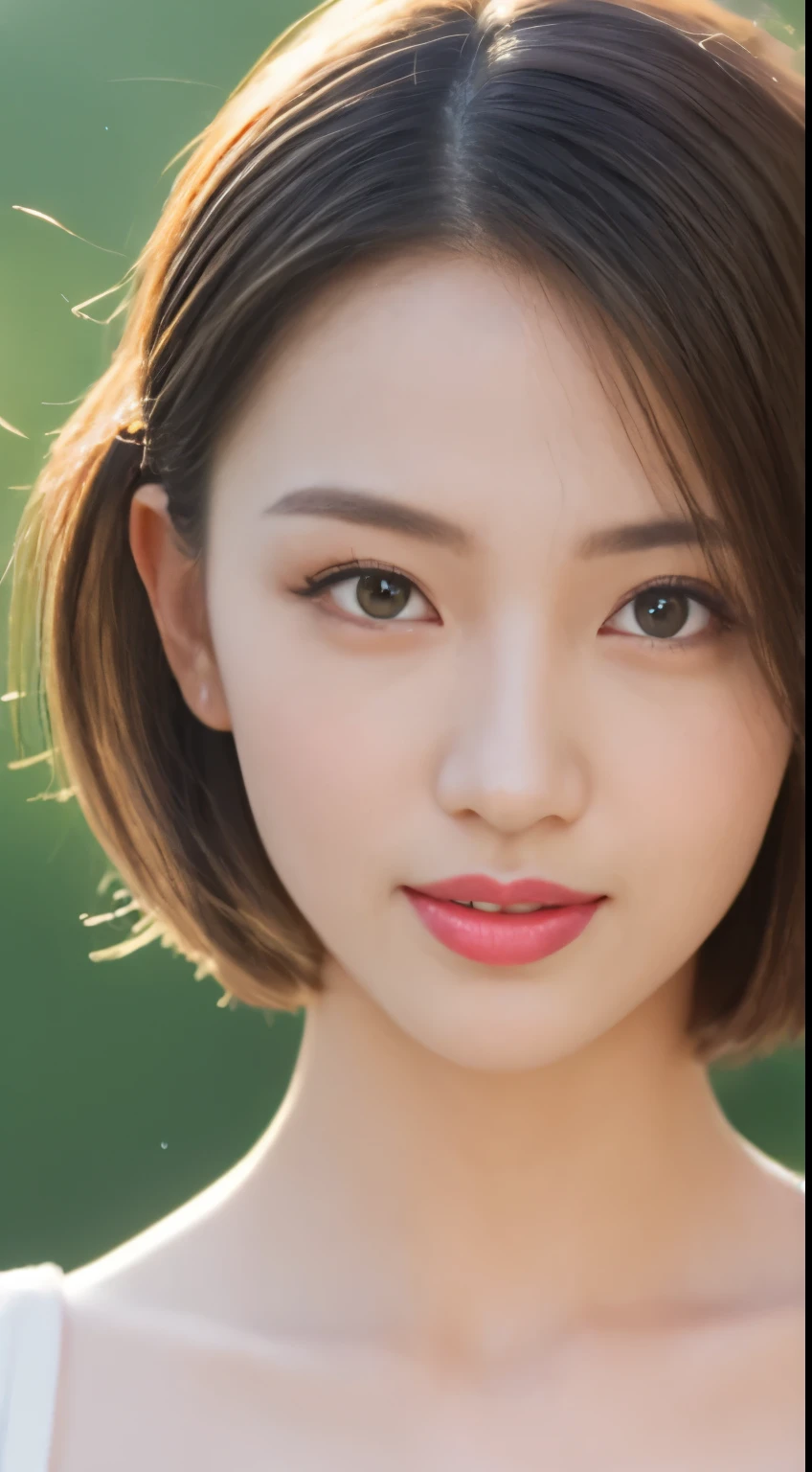 ((best image quality, 8K, master piece:1.3)), 1 girl, Beautiful woman with slender abs:1.3, (casual hairstyle, :1.2), Pink camisole,Extra large,the skin is very white,Extra-fine face, detailed eye, double eyelid,smile。Take pictures in cute poses,numbers are very bad,small small waist,super big breasts,close,close chest,white skin,The background is casual,close Shot Shot
