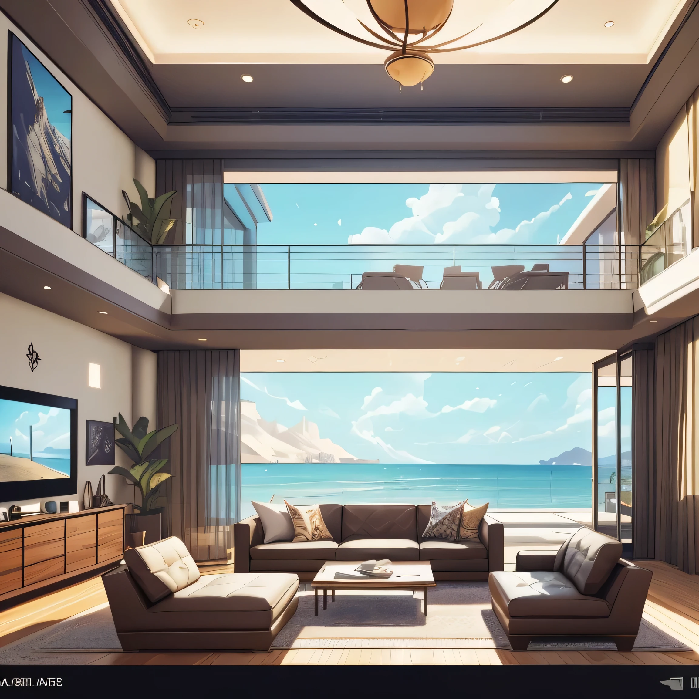 arafed living room with a couch and a coffee table, ((gta 5 screenshot house)), luxurious environment, beautiful environment, overlooking the ocean, popular interior design style, with backdrop of natural light, living room with split levels, interior design living room, beautiful interior, in a beachfront environment, modern interior design, amazing wallpaper, inspiring, architecturaldigest living room