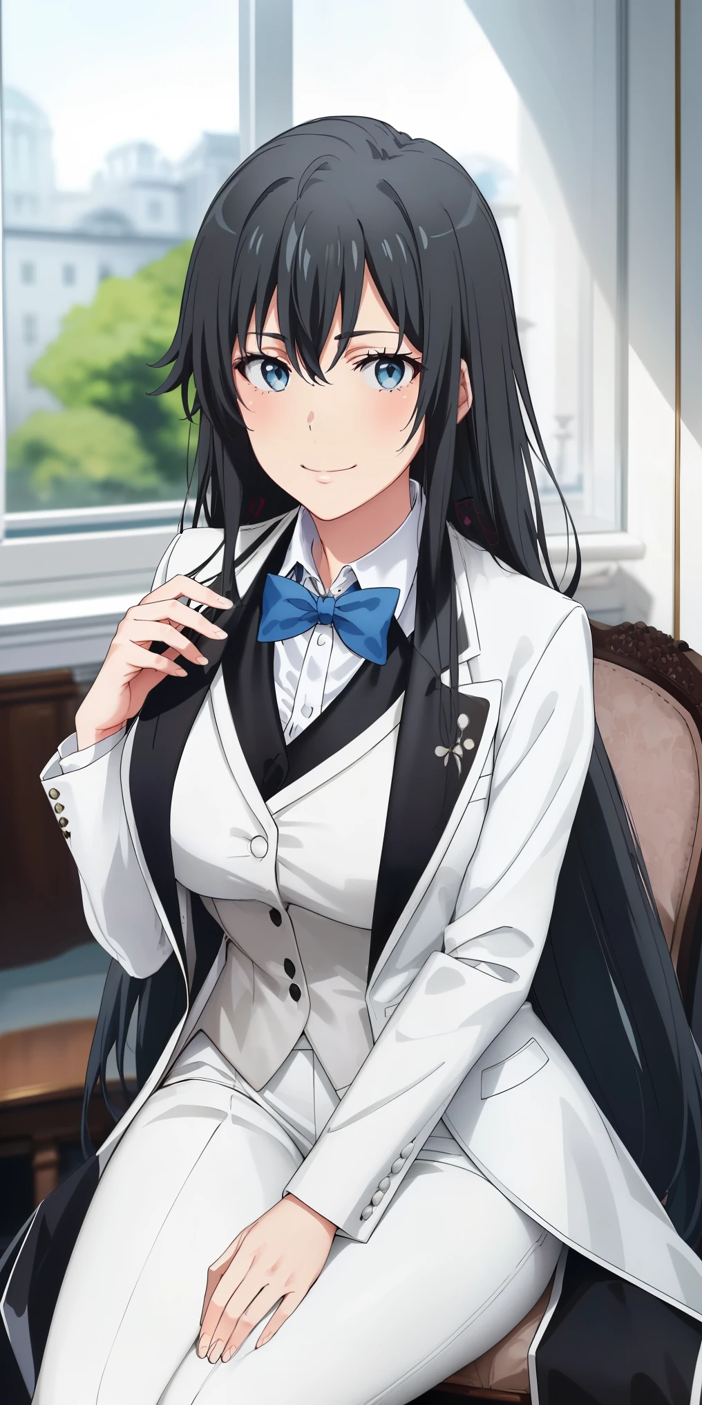 ((best quality)), ((masterpiece)), (detailed) 1girl 1girl, ;\), blurry, blurry_background, breasts, , hair_long looking_at_viewer, ok_sign, open_hand, Yukinoshita Yukino ,Woman wearing formal clothes, An attractive coat sitting on chair in the room , 1girl, 独奏, blue necktie, Black hair, eyes blue, long hair, smile , collared shirt, white pants, white shirt , Elegantly designed coat , Stand in front of a window ,Perfectly tailored tailcoat. It has a stunning Victorian design and is made of lustrous fabric , full body ,tailcoat butler suit, elegant pose, serene expression, flowing long hair, soft lighting, pastel color palette, detailed lace and embroidery, realistic portrait, fine brushwork, delicate facial features, captivating eyes, graceful gestures, refined atmosphere, vintage decor, polished silverware, elaborate floral arrangement, polished marble floors