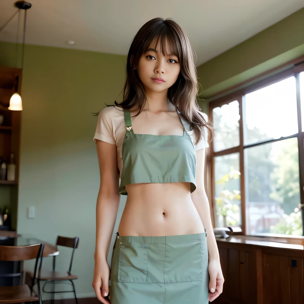 (coffee shop)、High image quality/ultra high definition、girl、slender、(20-year-old)、(No bra、No panties、shirt、Wearing a small apron up to the navel)、(no skirt)、((Cute Smile))、high contrast、(realism:1.4)、looking at the camera、(flash)、Upper body、beautiful breasts、Anatomically accurate body、detailed beautiful eyes、narrow eyes、Are standing、((Sky green apron short to the navel:1.2))、cleavage、(Cute Smile)、short hairstyle、between the legs、
