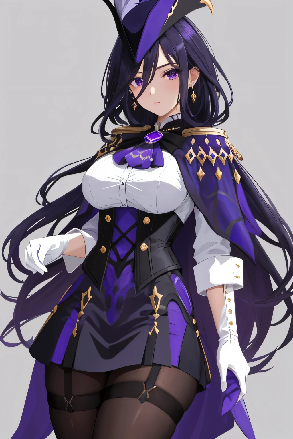 masterpiece, best quality, highly detailed, 1girl, solo, giclorinde, purple eyes, large breasts, hair between eyes, long hair, dark blue hair, earrings, black skirt, miniskirt, pantyhose, purple ascot, purple capelet, black corset, black pantyhose, black skirt, white gloves, , hat, tricorne, 