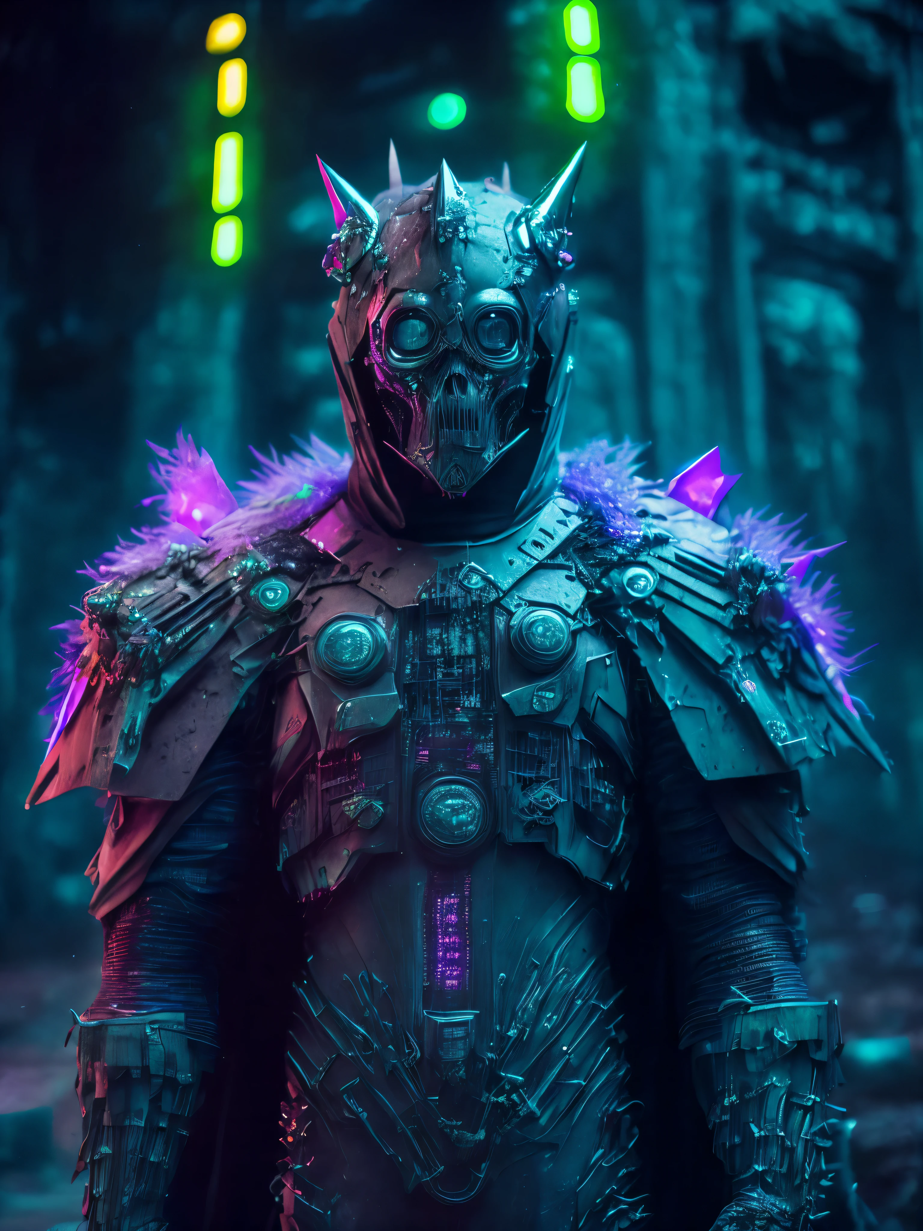 Full Grim portrait of the DC Plastic-monster wrapped in dirty plastic with intricate angular cybernetic implants inside a brutalist building, gothic brutalist graveyard, cyberpunk, Foto premiada, Bokeh, Neon lights, cybernetic