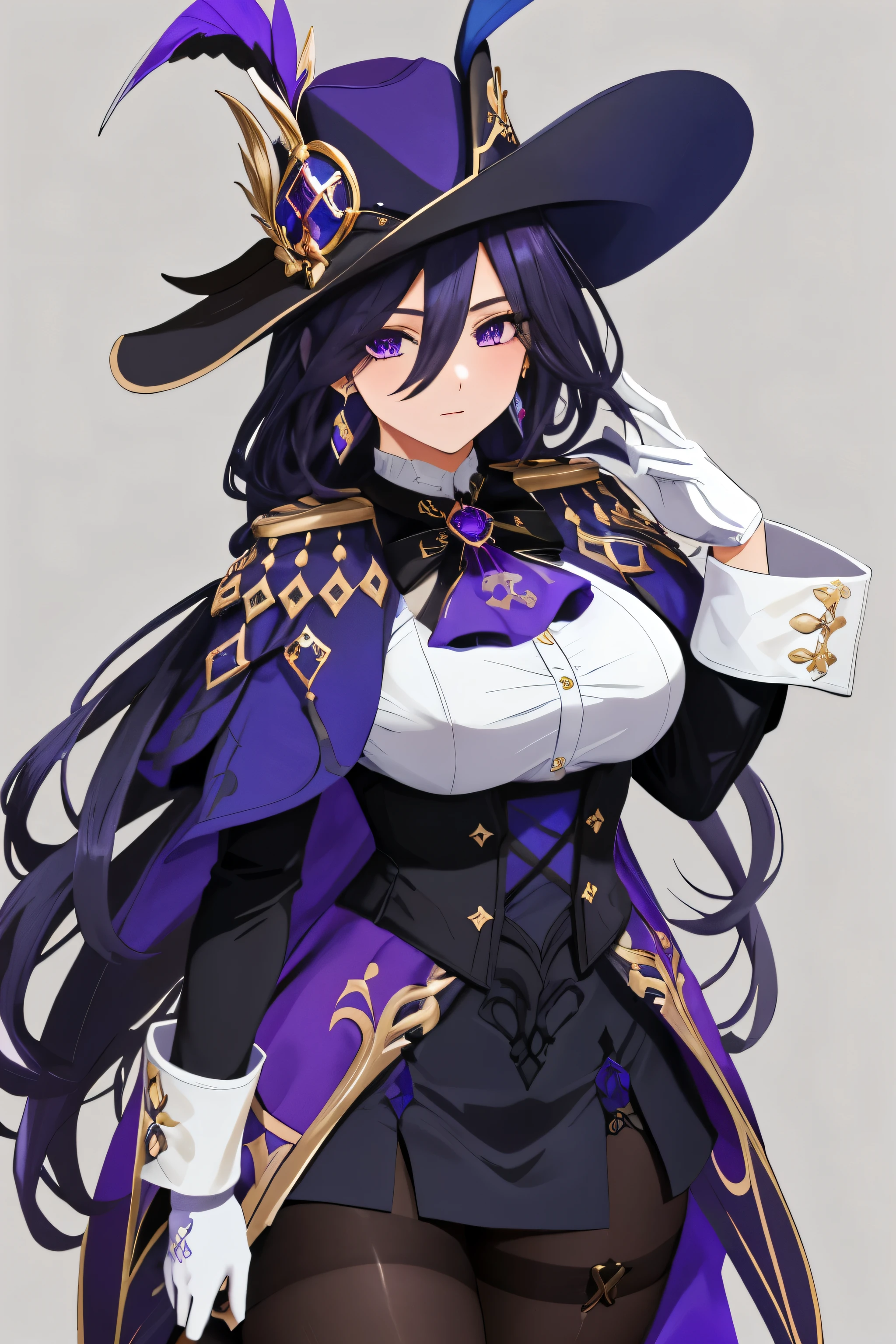 masterpiece, best quality, highly detailed, 1girl, solo, giclorinde, purple eyes, large breasts, hair between eyes, long hair, dark blue hair, earrings, black skirt, miniskirt, pantyhose, purple ascot, purple capelet, black corset, black pantyhose, black skirt, white gloves, , hat, tricorne, 