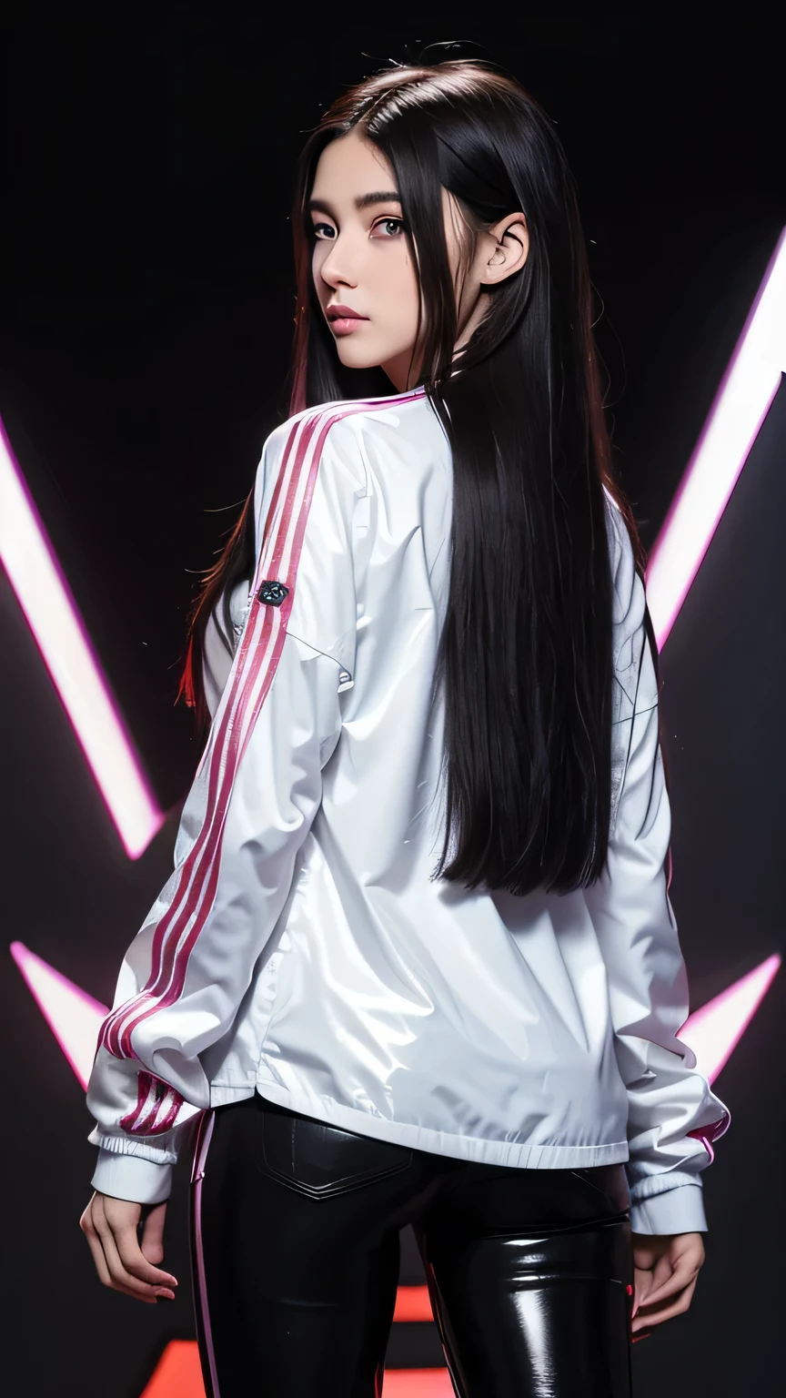 ((masterpiece))) whole body, whole body Shot (one girl) ((black hair, long hair, straight hair, both sides up))), ((black eye))), eye shadow, eyeliner, Glow eye, hyper detail eyes, complicated eyes, beautiful eyes, fine eyes, (((star-shaped pupil, shining pink eyes))) 18-year-old girls. (Wearing a transparent jacket made of PVC material)) huge cool weapon Mechanical in hand, huge cool weapon Mechanical, Mecha, Mechaanism, Mechanical, open stance, combine、View from behind