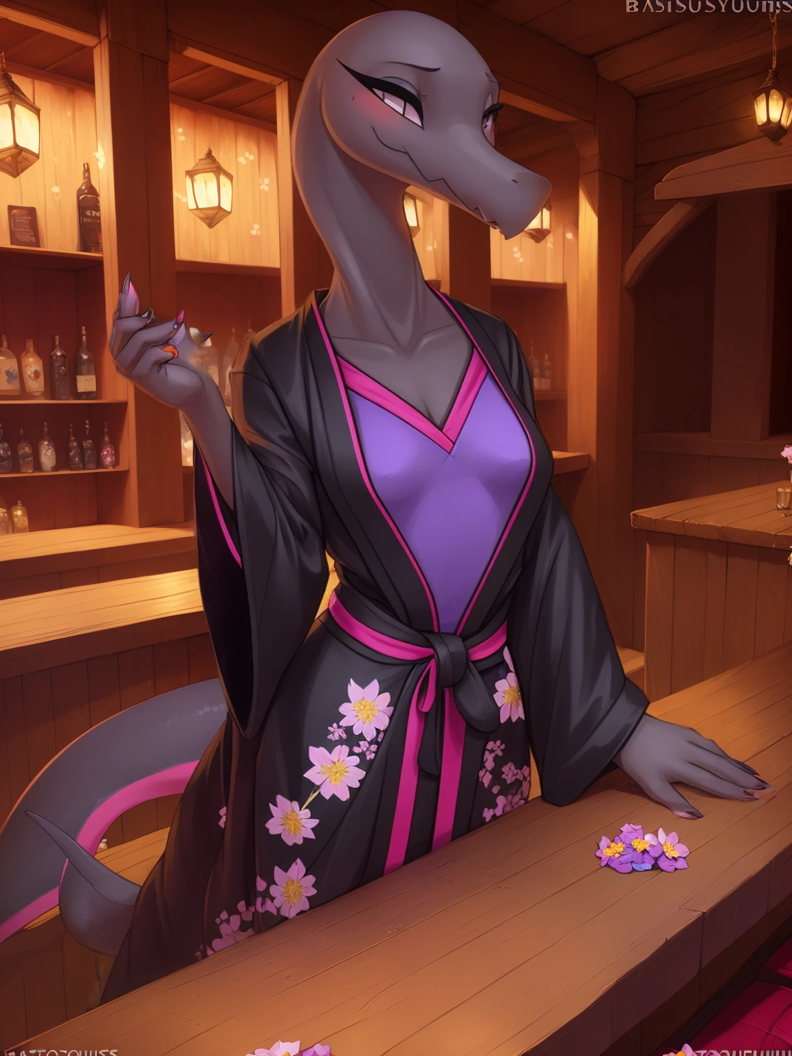 uploaded on e621, 3d , (bastika, cutesexyrobutts, hioshiru), female, solo, salazzle, tavern, (wearing a black kimono, long kimono, kimono with long sleeves, flowers on kimono) happy, natural breasts, long flowing tail