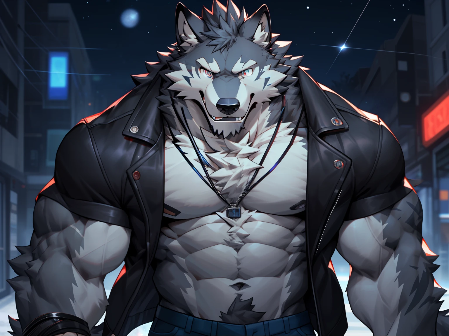 hairy,dark grey wolf,alone,delicate eyes,super detailed,Delicate fur texture,CG,Jacket,Blue pupils,fluorescent pupils,in the shadows,Starry eyes,vigorous,huge pecs,There are red lines on the body,Tempting