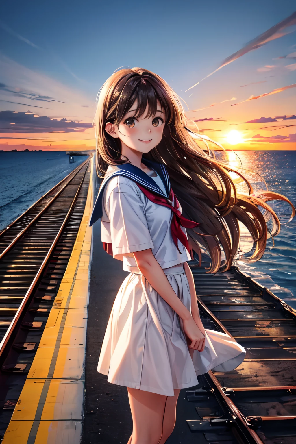 A very cute and beautiful high school girl looking at the sea on the hill,(very detailed beautiful face and eyes:1.2),Smile,Cowboy Shot,
Seifuku,(Mini skirt),Black hair,Beautiful legs,zettai ryouiki,(Looking at the sea,From the top of the hill),House with a red roof,Detailed landscapes,
(Best Quality,masutepiece:1.2),Intricate details,hight resolution,Solo,
Dynamic Angle,Natural lighting,Hair fluttering in the wind,Beautiful detailed sky,