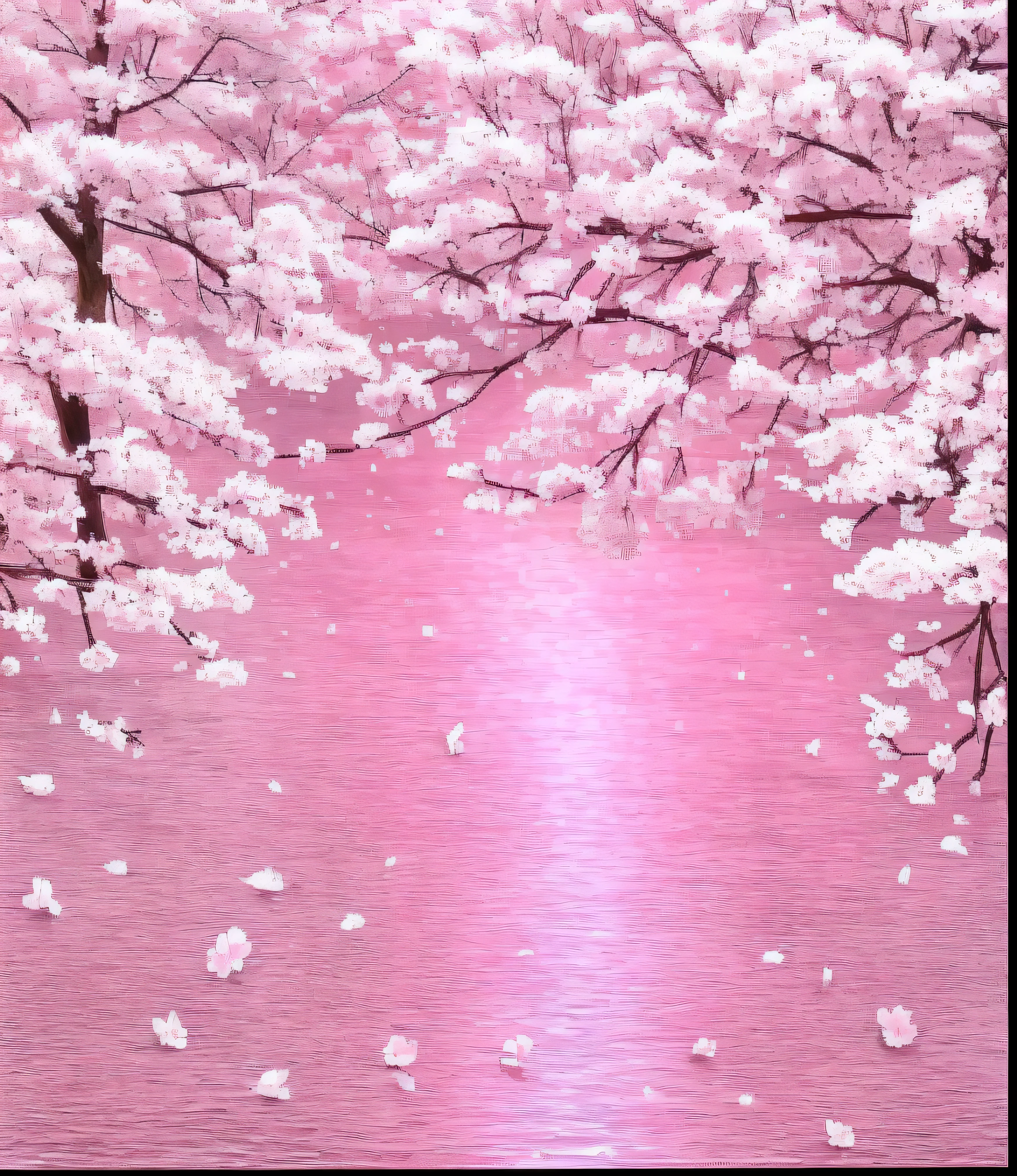 there is a pink picture of a tree with white flowers, cherry blossom forest, cherry blossom, cherry blossom trees, cherry blossoms, cherry blossom falling, pink reflections, sakura trees, lush sakura trees, cherry blossom tree, falling cherry blossoms pedals, cherry blossom background, cherry blossom rain everywhere, lush sakura, pink tree beside a large lake, flowing sakura silk