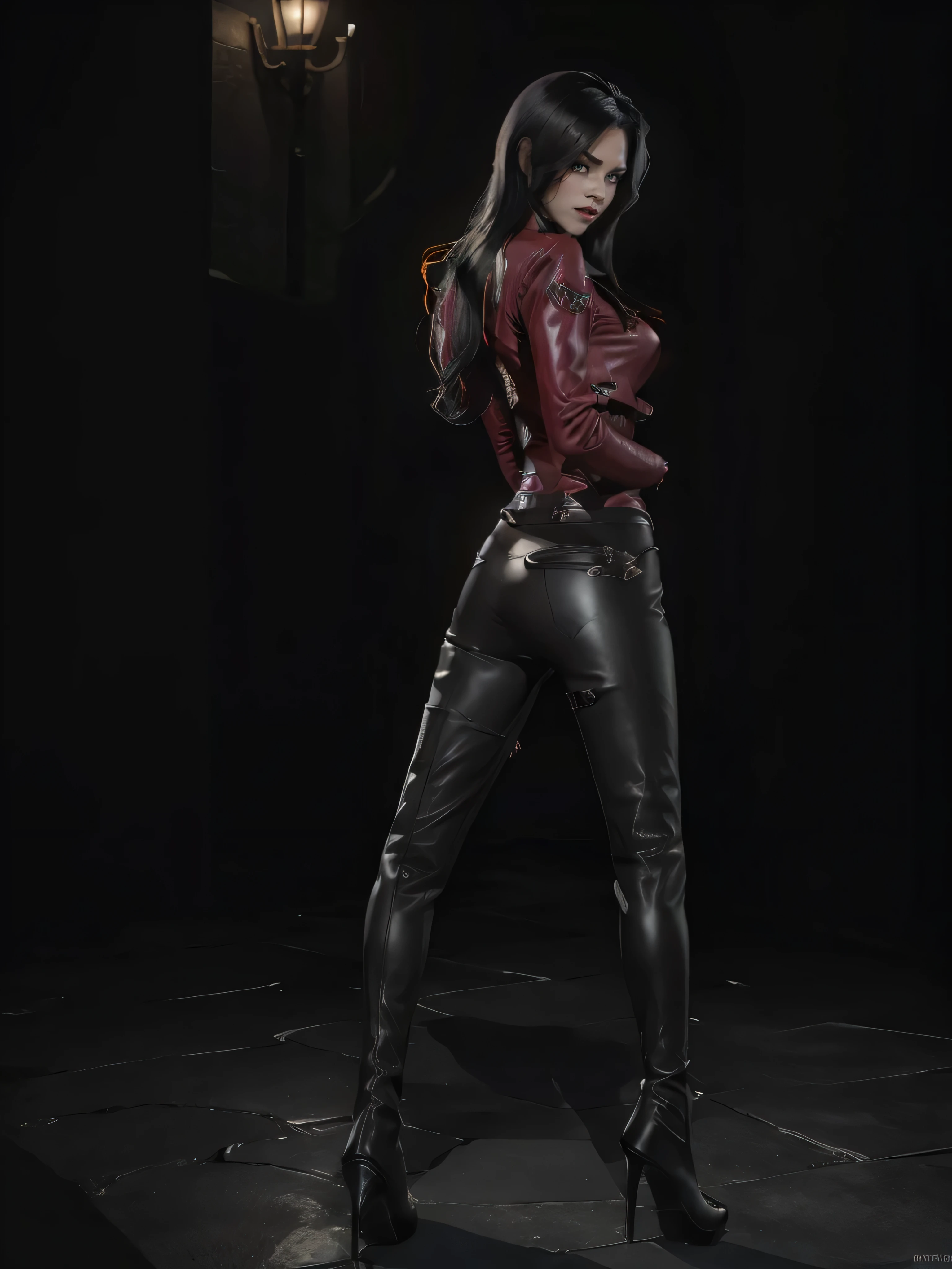 full body beautiful vampire girl sexy, bombshell, chest, long thighs, raven black long hair, mesmerizing green eyes, red lips, porcelain white skin, flashing long incisors, black leather pants, black long leather jacket, red t-shirt, black long leather boots, foggy humid cemetery at night ultra detailed texture cinematic