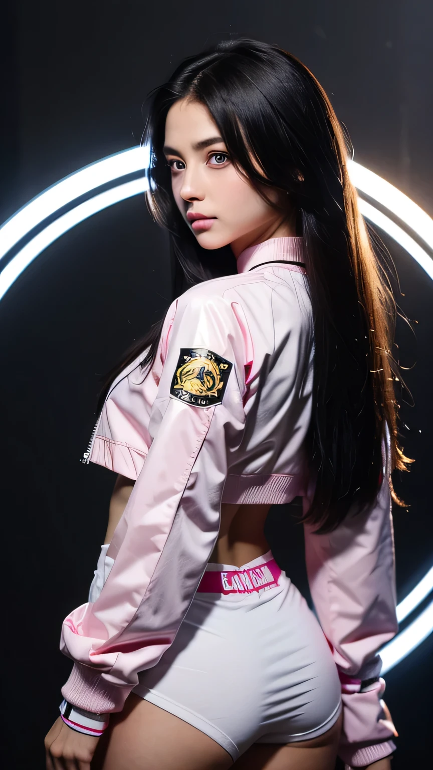 ((masterpiece))) whole body, whole body Shot (one girl) ((black hair, long hair, straight hair, both sides up))), ((black eye))), eye shadow, eyeliner, Glow eye, hyper detail eyes, complicated eyes, beautiful eyes, fine eyes, (((star-shaped pupil, shining pink eyes))) 18-year-old girls. (Wearing a transparent jacket made of PVC material)) huge cool weapon Mechanical in hand, huge cool weapon Mechanical, Mecha, Mechaanism, Mechanical, open stance, combine、View from behind