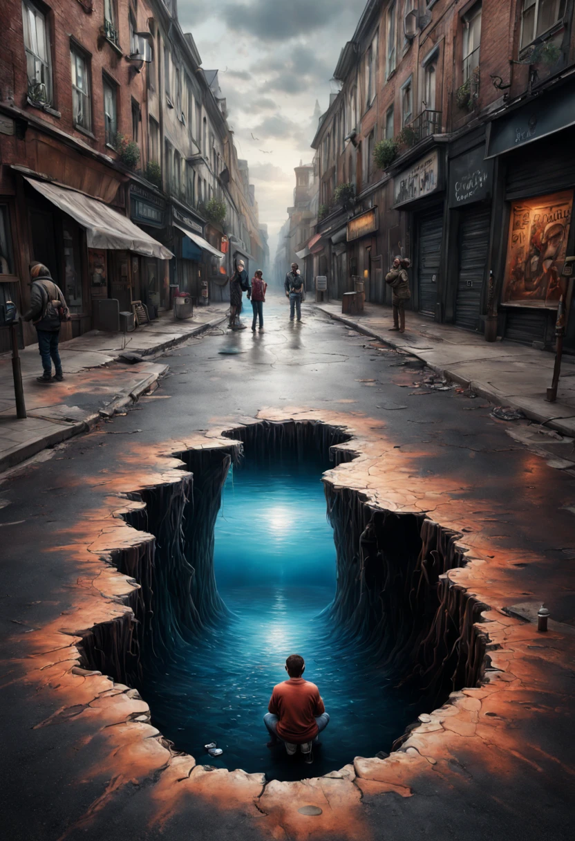 a street artist has painted a completely realistic hole full of water in the middle of a street, the artist with chalk in hand is kneeling beside it. Epic cinematic brilliant stunning intricate meticulously detailed dramatic atmospheric maximalist digital matte painting.