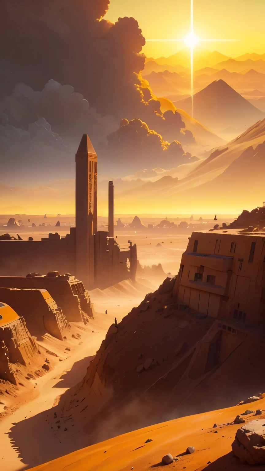 girl. is yellow space suit taking selfie, influencer girl, girl in yellow space suit, dense clouds, yellow clouds, A cidade de Arafed no deserto，The background is the sunset, old Cyberpunk 8k resolution, Cidade de Marte, cidade no deserto, Cidade do deserto, A Cidade do Apocalipse, colorful ancient egyptian city, Ancient Sci - Cidade de Fi-Fi, paisagem urbana arruinada, Uma cidade antiga em chamas, Paisagem da cidade do apocalipse, Cidades arruinadas, Cidade arruinada, antiga cidade persa, Ancient ruins under the desert.

The yellow sun casts a warm, golden glow upon the city in ruins, with yellow dusty clouds forming a hazy sky above. The yellow tones dominate the landscape, revealing the yellow planet that presides over the rocky plateau below. The terrain, devoid of vegetation, exhibits the characteristic rocky textures