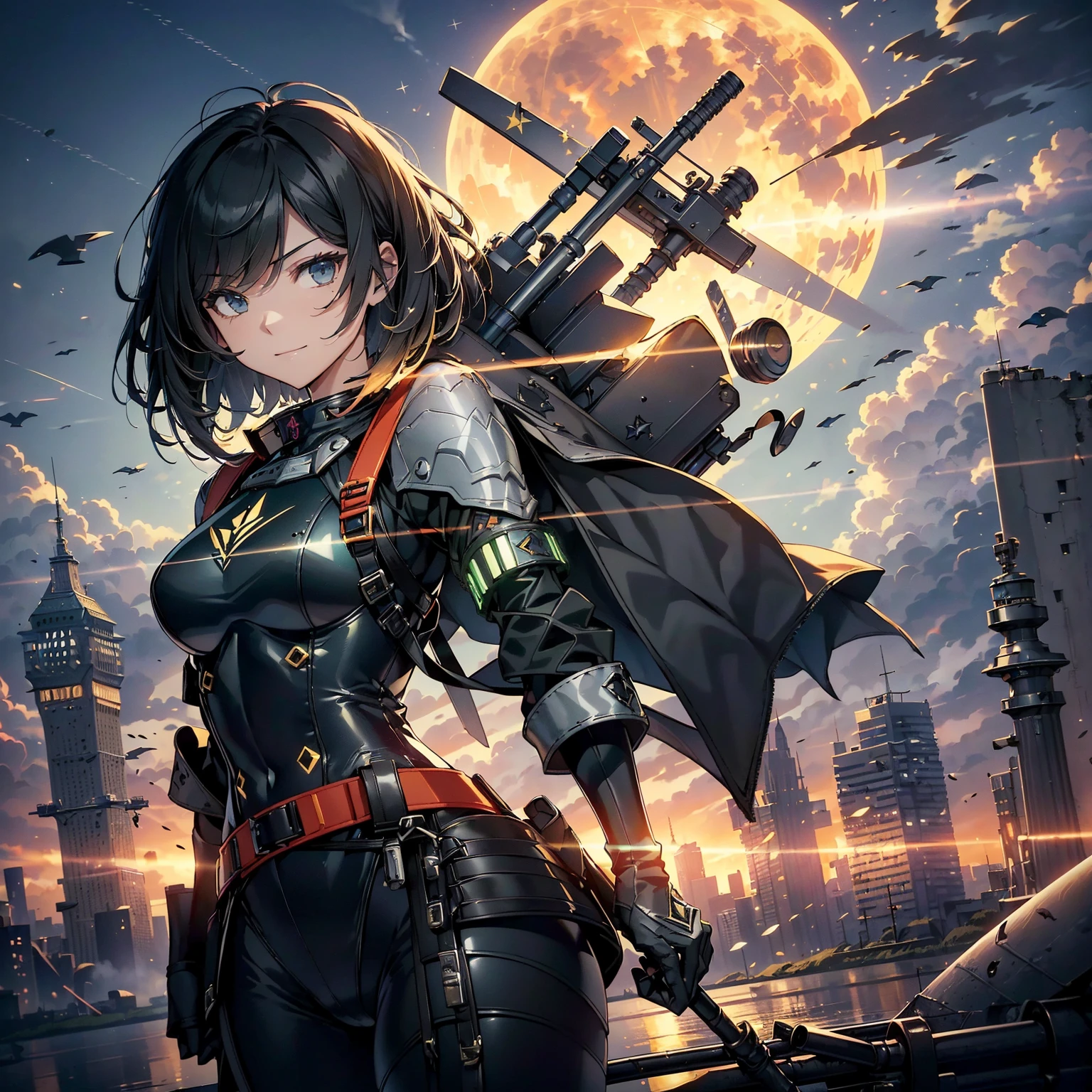 (highest quality，T Masterpiece，final solution，whole body):(24 year old female fighter，Slender、small face、Black Super Short Hair、Shiny black tight combat uniform，tight suit，dynamic angle、dynamic action、(dynamic pose:1.2)、normal posture，normal posture、Gentle smile、Backpack)、(Time Machine、Computer、skyscraper gun、weapons of the future、(Backpack:1.1)、Real World、Plankton rattle field、volumetric fog、gray fog、cigarette、 explosion、apocalyptic、destroyed city background、burning building:1.3、splash of water、starry ski、huge moon、Earth、destroyed giant robot、radio tower、airplane flying overhead、shooting star rocket truck、broken car、derailed train、tank、giant weapon、electronic equipment、Luminous mechanism)