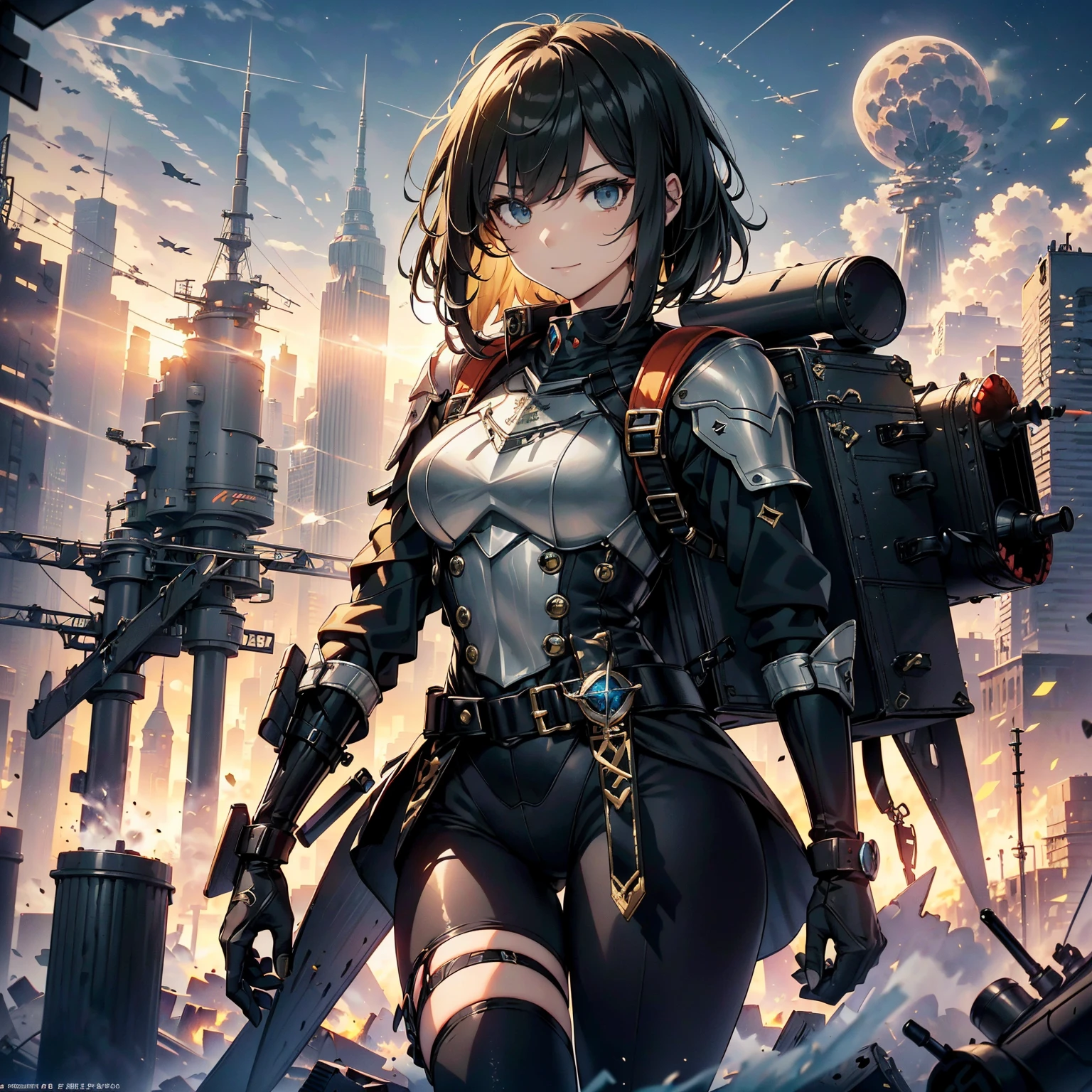 (highest quality,T Masterpiece,final solution,whole body):(24 year old female fighter,Slender、small face、Black Super Short Hair、Shiny black tight combat uniform,tight suit,dynamic angle、dynamic action、(dynamic pose:1.2)、normal posture,normal posture、Gentle smile、Backpack)、(Time Machine、Computer、skyscraper gun、weapons of the future、(Backpack:1.1)、Real World、Plankton rattle field、volumetric fog、gray fog、cigarette、 explosion、apocalyptic、destroyed city background、burning building:1.3、splash of water、starry ski、huge moon、Earth、destroyed giant robot、radio tower、airplane flying overhead、shooting star rocket truck、broken car、derailed train、tank、giant weapon、electronic equipment、Luminous mechanism)