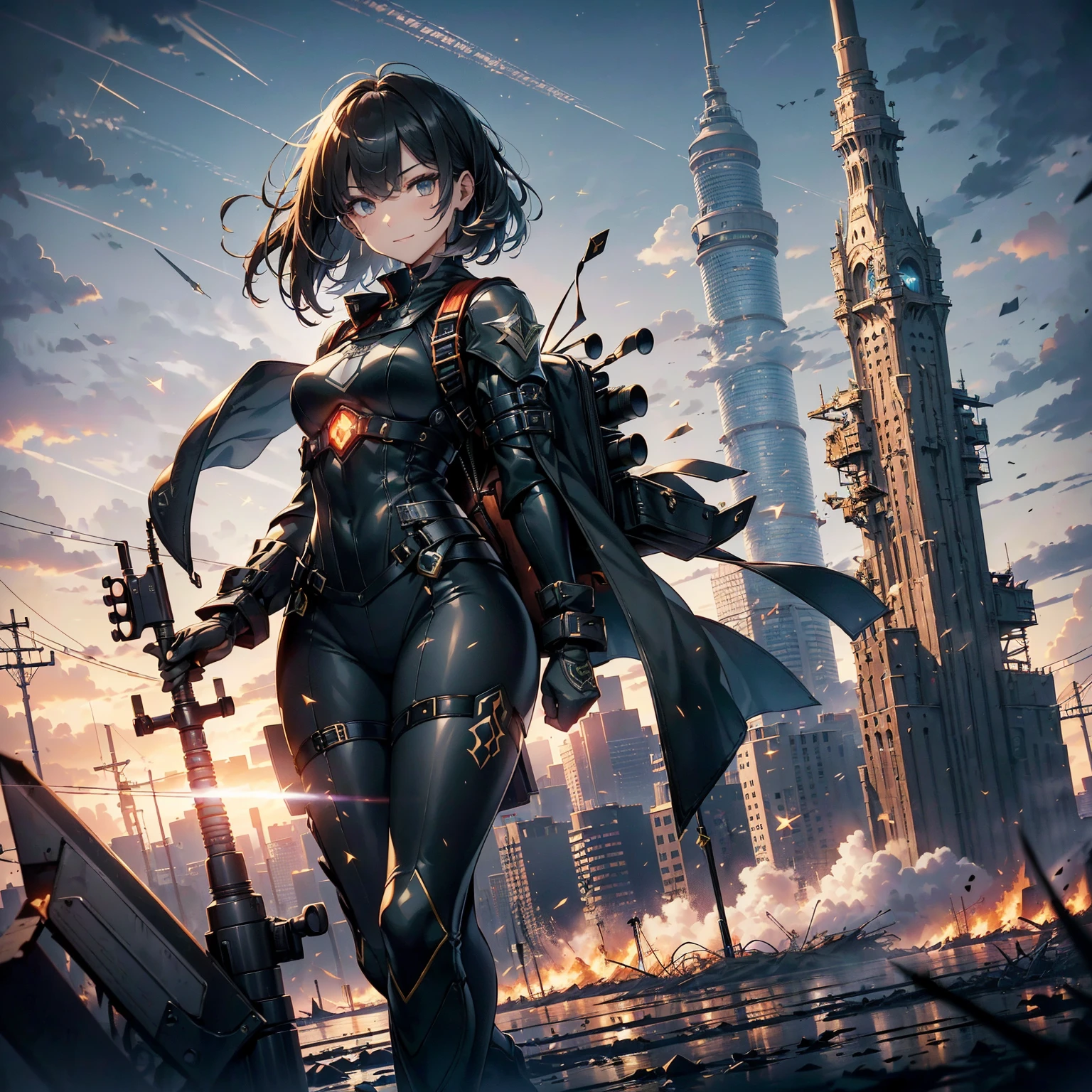 (highest quality,T Masterpiece,final solution,whole body):(24 year old female fighter,Slender、small face、Black Super Short Hair、Shiny black tight combat uniform,tight suit,dynamic angle、dynamic action、(dynamic pose:1.2)、normal posture,normal posture、Gentle smile、Backpack)、(Time Machine、Computer、skyscraper gun、weapons of the future、(Backpack:1.1)、Real World、Plankton rattle field、volumetric fog、gray fog、cigarette、 explosion、apocalyptic、destroyed city background、burning building:1.3、splash of water、starry ski、huge moon、Earth、destroyed giant robot、radio tower、airplane flying overhead、shooting star rocket truck、broken car、derailed train、tank、giant weapon、electronic equipment、Luminous mechanism)