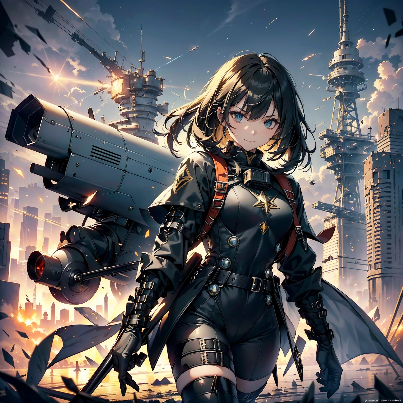 (highest quality，T Masterpiece，final solution，whole body):(24 year old female fighter，Slender、small face、Black Super Short Hair、Shiny black tight combat uniform，tight suit，dynamic angle、dynamic action、(dynamic pose:1.2)、normal posture，normal posture、Gentle smile、Backpack)、(Time Machine、Computer、skyscraper gun、weapons of the future、(Backpack:1.1)、Real World、Plankton rattle field、volumetric fog、gray fog、cigarette、 explosion、apocalyptic、destroyed city background、burning building:1.plash of water、starry ski、huge moon、Earth、destroyed giant robot、radio tower、airplane flying overhead、shooting star rocket truck、broken car、derailed train、tank、giant weapon、electronic equipment、Luminous mechanism)