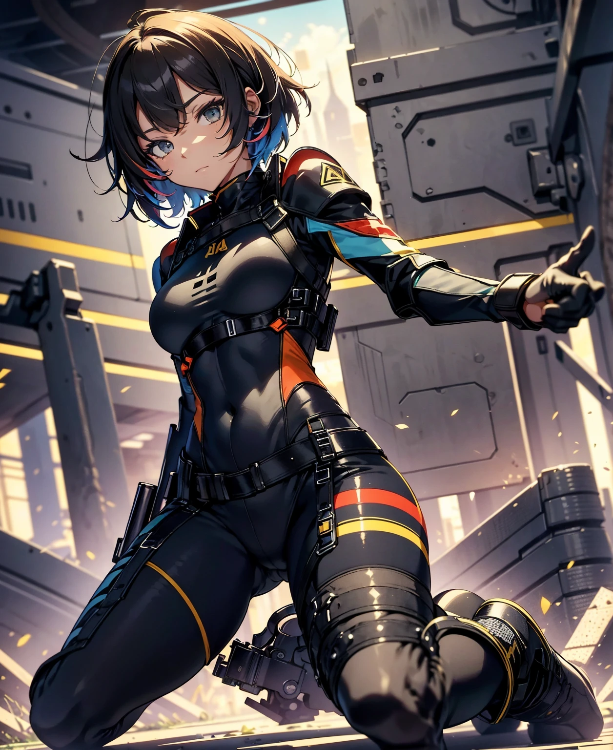 best quality，T Masterpiece，ultimate resolution，fluff，very colorful，colorful，female combatant，（kneeling pose）（pointing at you with his butt）mature woman，Black Super Short Hair，tight combat uniform，tight suit，Steel City Background，night，normal posture，normal posture