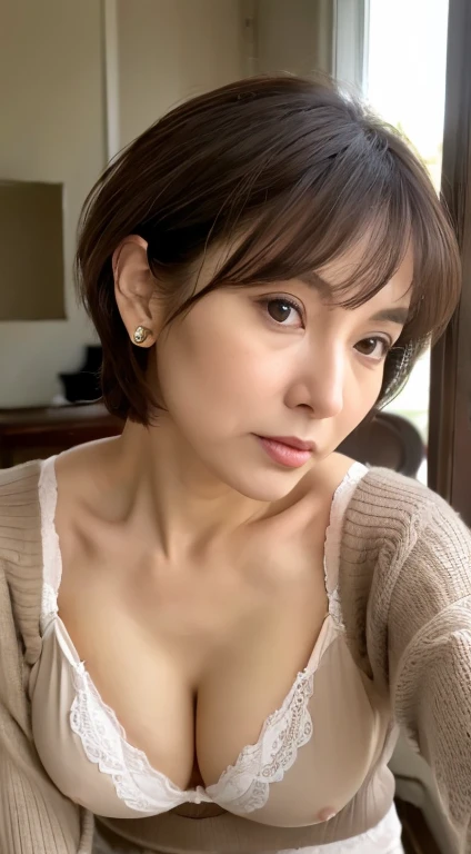 best quality, photo of a woman, sexy, mature, 65 years old,, Japanese, brunette messy pixie hair, mega big breast, wearing knit, tight clothes, sagging breast, no make up, double big eyes, big nose, housewife, waiting cum, cream pie, ddd , face with many wrinkles, old mam, erect huge nipples, pov blowjob, cum shot, round face, wrinkles around the eyes, , beige bra, tight clothes, aquiline nose, slutty, tired face, old face, lewd woman, dark eyes, I wanna sex you up, facial wrinkles, baby-faced woman, sharp eyes, dimples, milf, lace underwear, ordinary mature woman, rough skin, loose skin, long eyes, small face