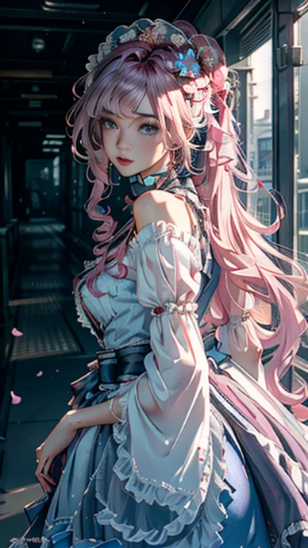 （（best quality））， （（master piece））， （detailed：1.4）， beautiful cyberpunk woman image，HDR（high dynamic range），ray tracing，NVIDIA RTX，super resolution，fantasy 5，Scattered beneath the surface，PBR texture，Post-processing，anisotropic filtering，Depth of bounds written，Maximum clarity and sharpness，multilayer texture，Albedo and specular maps，surface coloring，Accurate simulation of honey-material interactions，perfectly proportioned，Rendering with Octane，two color light，Large Diameter，Low ISO，White balance，rule 3 points、8K raw data、Beautiful bright blue pupils，off shoulder clothes，fine student，delicate face and eyes，long eyelashes，blush，delicate and fluffy hair，pink lip，Pure，cute face，sweet girl，artistic sense，casual wear，Advanced Sense，butterfly，cherry blossom petals，beautiful hair accessories，long hair and waist，hair blowing in the wind，curly，positive light，The light from the rear window is backlit.
