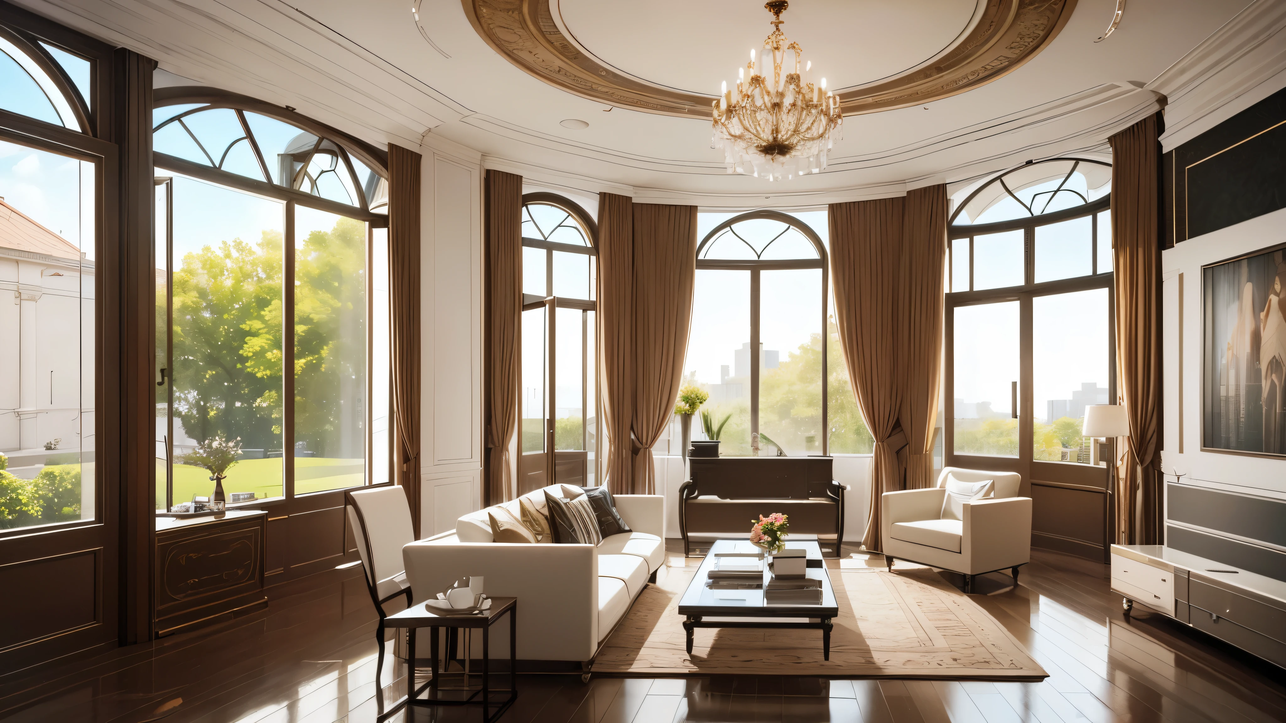 You are a famous interior designer、You have been asked to create a 3D image of a modern large room. Create a harmonious environment with modern and minimalist furniture. Including garden interior.