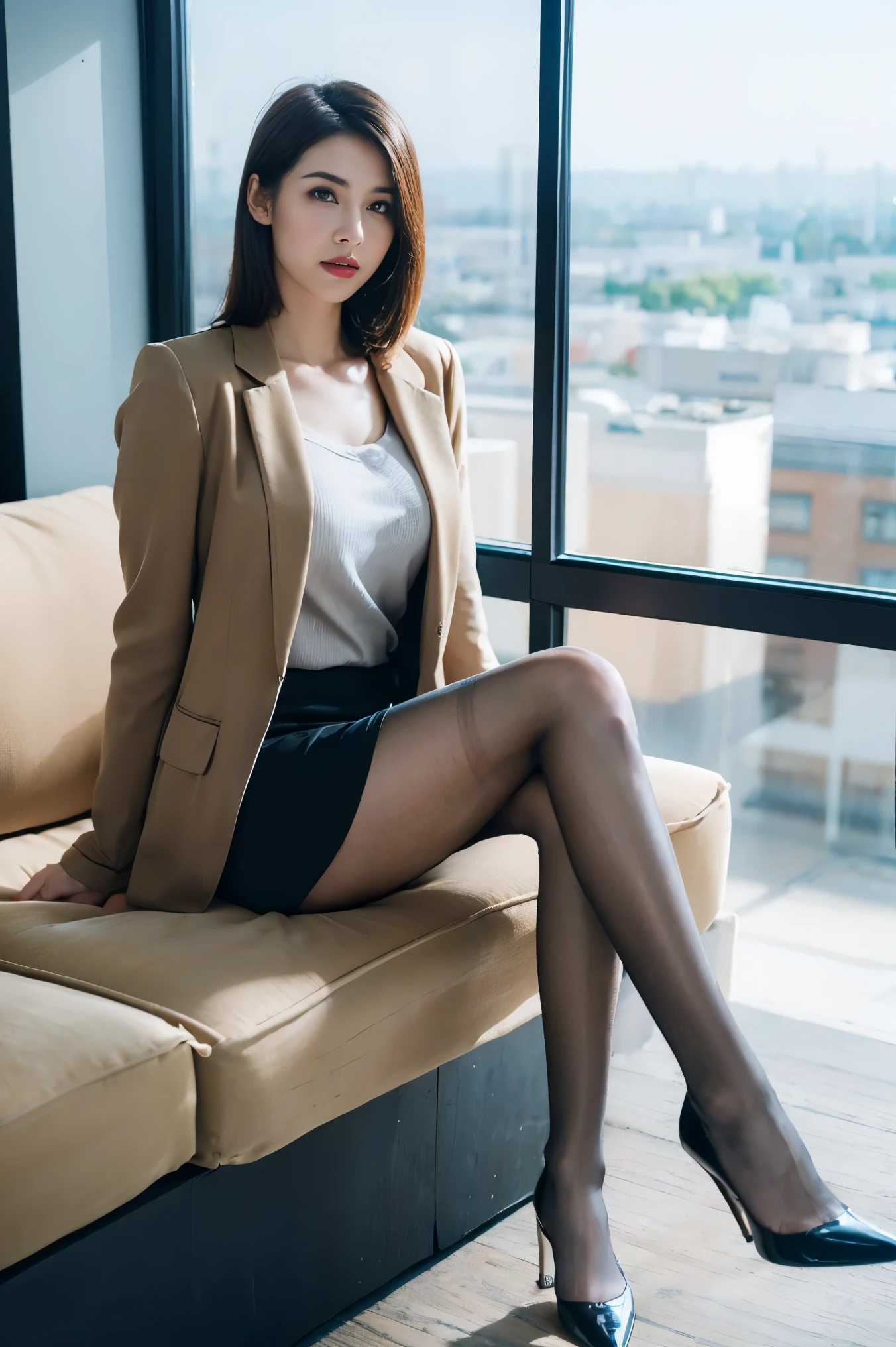 1 girl sitting on an office chair，,(European model:1.3),31 years old,exquisite,Business womenswear,(jacket:1.1),(shirt:1.1),(Wrap skirt:1.1),jewelry,knitwear,,Skin tone stockings，goosebumps,goose-flesh，（fidelity：1.3），filigree，quality，（masterpiece：1.2），（fidelity：1.2），（best quality），（Skin details：1.3），（intricate details），drama，Ray tracing，photo，bathed in light and shadow，visual novel，The boss's office for a skyscraper，Window with city view，film grain，depth of field，High heel，full-body shot