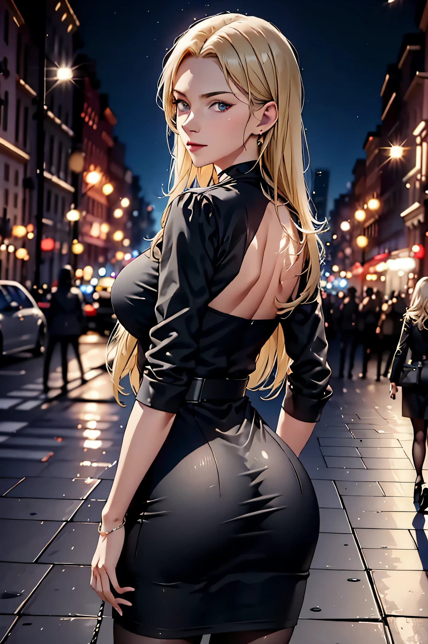 (best quality,4K,8k,high resolution,masterpiece:1.2),Super detailed,actual,photoactual:1.37,a woman in white skirt and black top posing for a photo on the street at night,Urban street background,blue background,blue foreground,depth of field,from behind,looking at the audience,look back,skirt,a woman standing at a street corner wearing a black top and white skirt,High collar and black belt,城市的lamp光,lamp,motion blur,at night,decorative