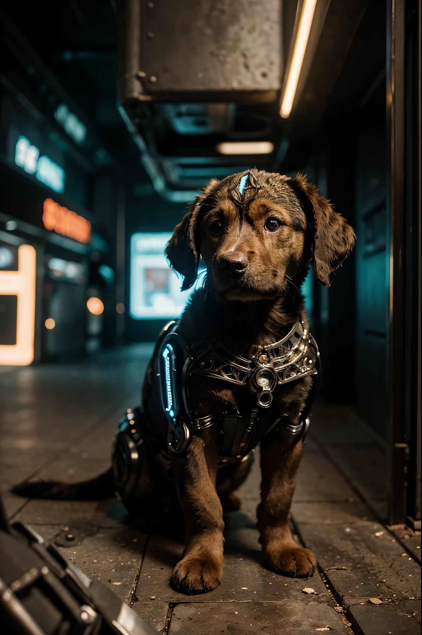 A cute puppy made of metal, robot, cyberpunk style, ((intricate details)), HDR, ((intricate details, super detailed)), cinematic shots, vignettes