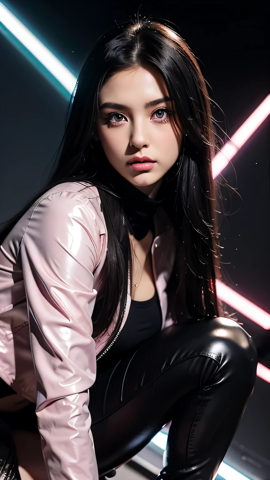 ((masterpiece))) whole body, whole body Shot (one girl) ((black hair, long hair, straight hair, both sides up))), ((black eye))), eye shadow, eyeliner, Glow eye, hyper detail eyes, complicated eyes, beautiful eyes, fine eyes, (((star-shaped pupil, shining pink eyes))) 18-year-old girls. (Wearing a transparent jacket made of PVC material)) huge cool weapon Mechanical in hand, huge cool weapon Mechanical, Mecha, Mechaanism, Mechanical, open stance, combine、Squat and open your legs
