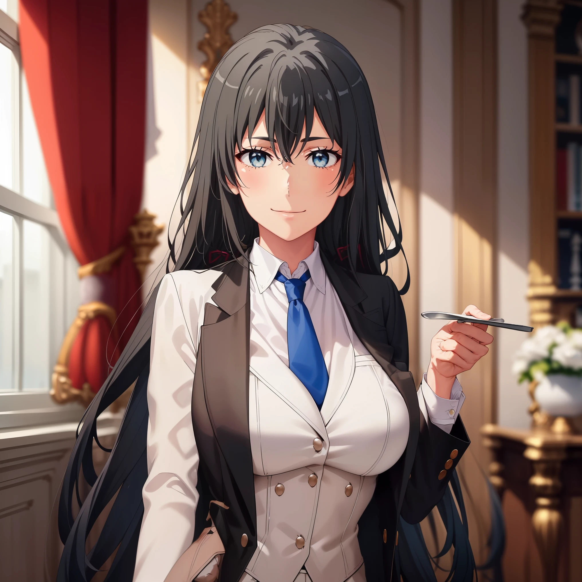 ((best quality)), ((masterpiece)), (detailed) 1girl, blurry, blurry_background, breasts, , hair_long looking_at_viewer, ok_sign, open_hand, Yukinoshita Yukino ,Woman wearing formal clothes, An attractive coat sitting on chair in the room , 1girl, 独奏, blue necktie, Black hair, eyes blue, long hair, smile , collared shirt, white pants, white shirt , Elegantly designed coat , Stand in front of a window ,Perfectly tailored tailcoat. It has a stunning Victorian design and is made of lustrous fabric , full body ,tailcoat butler suit, elegant pose, serene expression, flowing long hair, soft lighting, pastel color palette, detailed lace and embroidery, realistic portrait, fine brushwork, delicate facial features, captivating eyes, graceful gestures, refined atmosphere, vintage decor, polished silverware, elaborate floral arrangement, polished marble floors