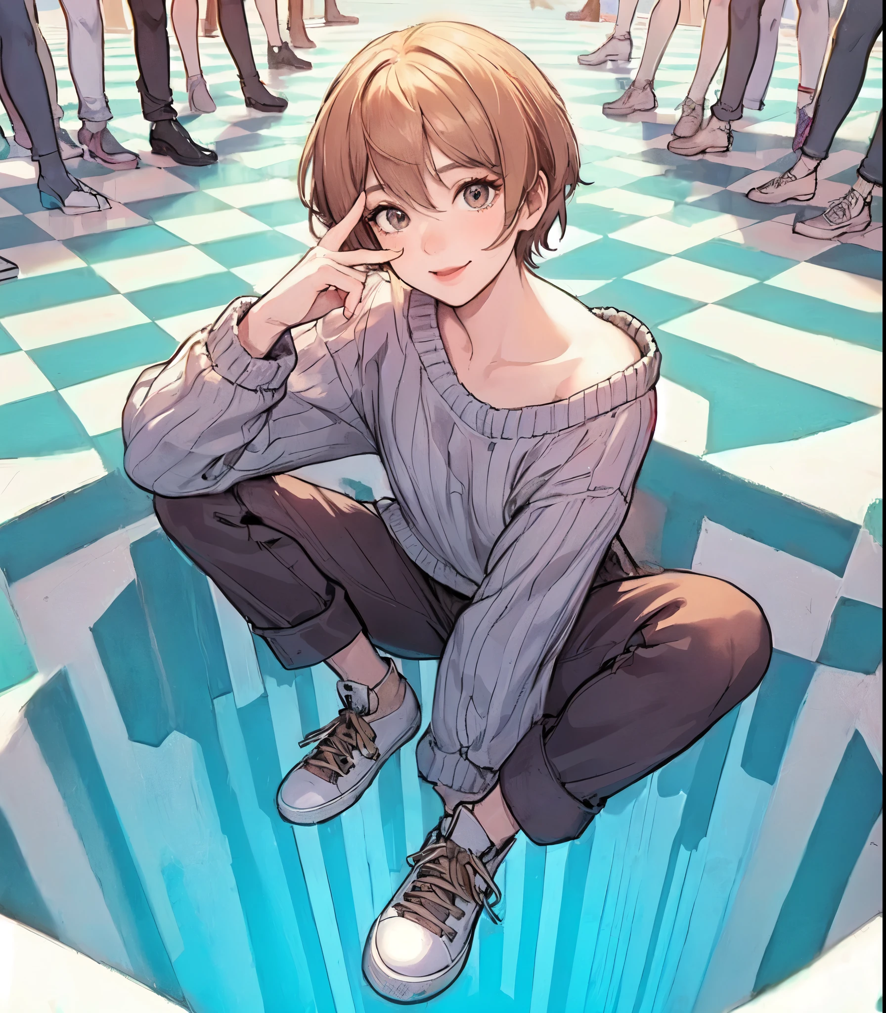 1lady solo (from above), (squatting over hole in the floor), (making peace sign), (stylish outfit), mature female, /(light brown short hair/) bangs, light smile, (masterpiece best quality:1.2) delicate illustration ultra-detailed, large breasts BREAK (optical illusion:1.2), (floor that appears to have a large hole:1.2), deep hole BREAK (trick art museum) indoors, crowded, detailed background