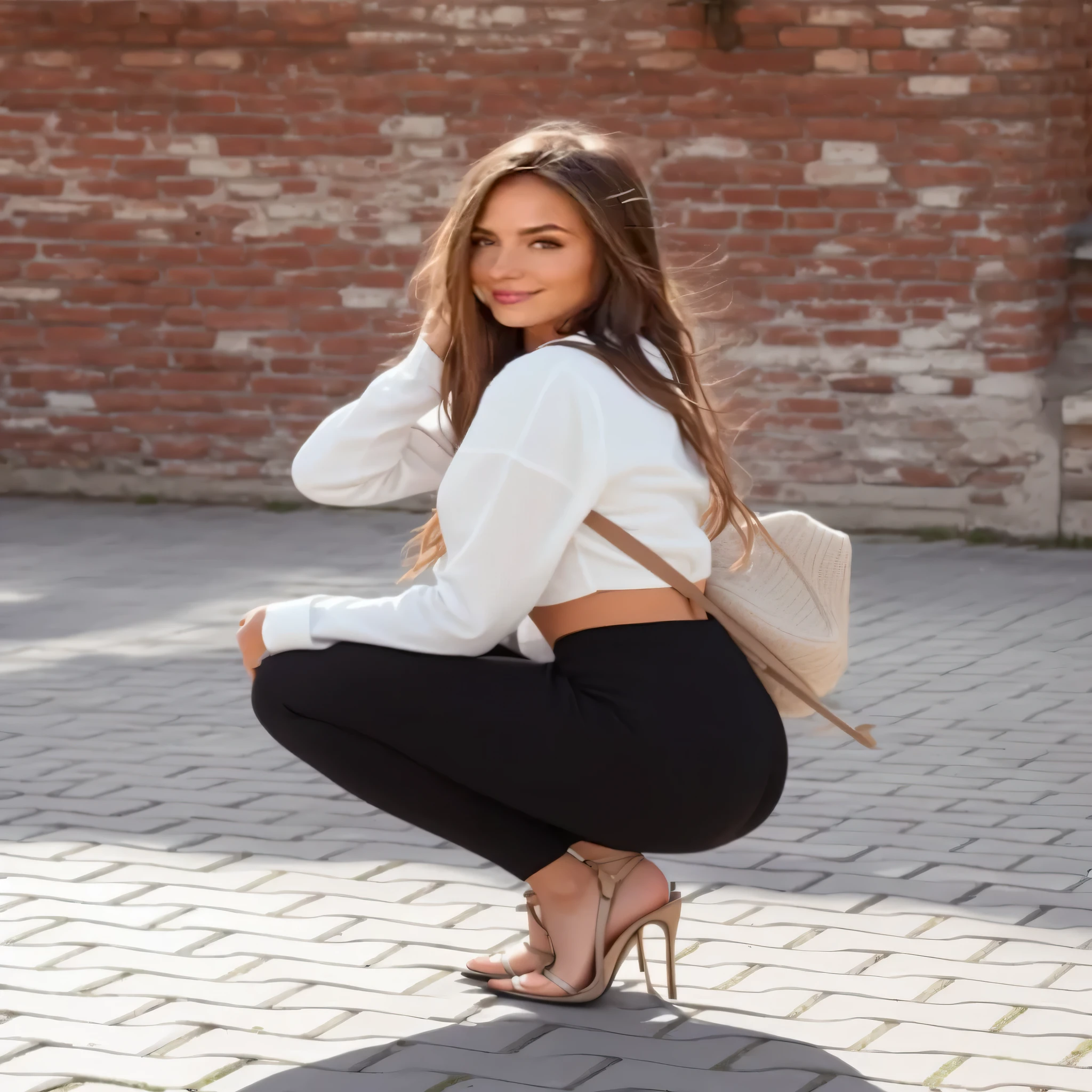 une femme agenouillée sur un trottoir en brique avec sa main sur sa hanche, tenue moulante, porter des vêtements simples et serrés, Fille élégante en tenue urbaine, pose décontractée, Porter un haut court sexy, assis par terre, jolie pose élégante, porter des vêtements élégants et décontractés, porter des vêtements moulants noirs, Appuyé contre le mur, Pose attrayante, joli visage avec bras et jambes