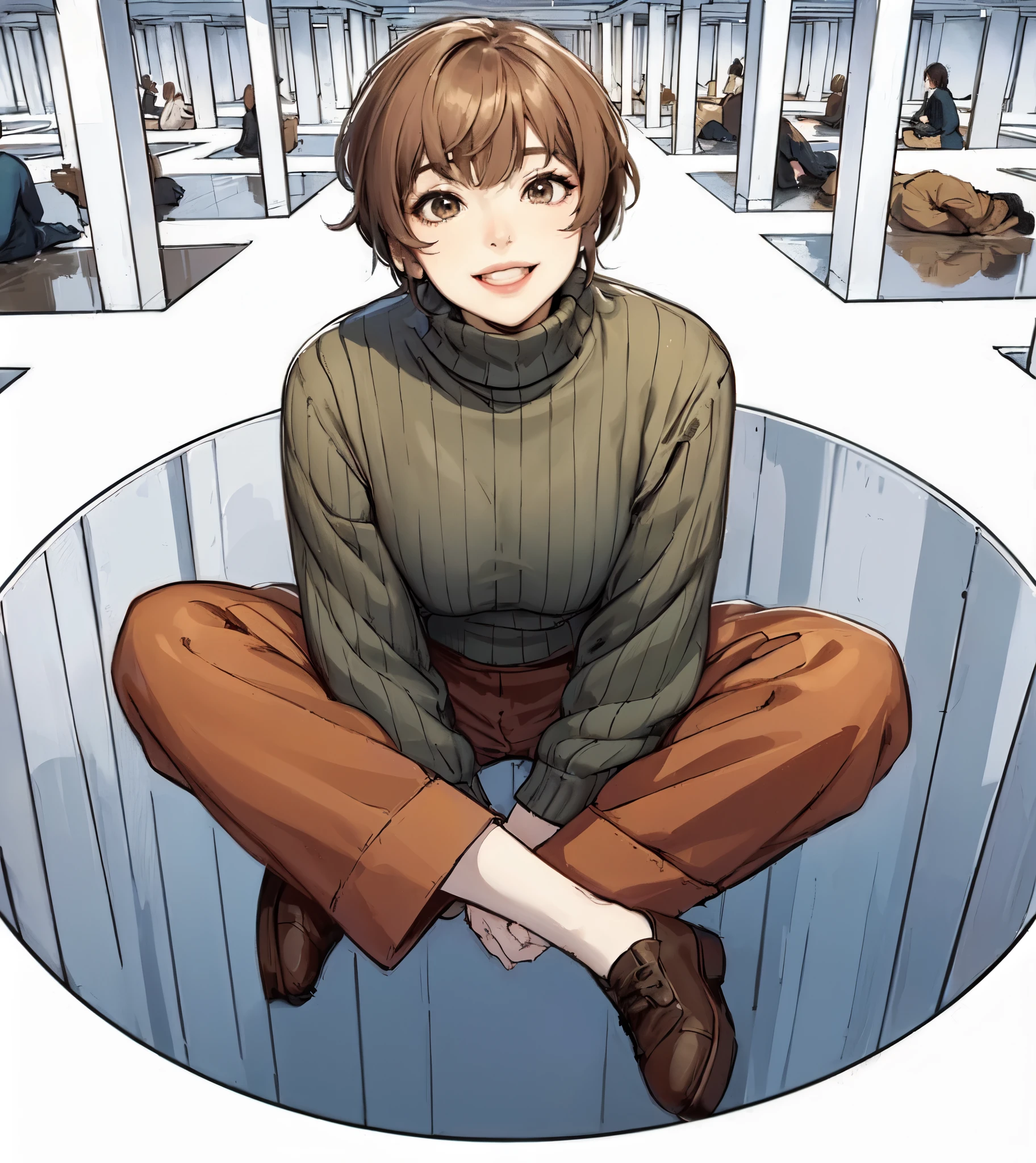 1lady solo (from above), (sitting over hole in the floor), (making peace sign), (stylish outfit), mature female, /(brown short hair/) bangs, joyful smile, (masterpiece best quality:1.2) delicate illustration ultra-detailed, large breasts BREAK (optical illusion:1.2), (floor that appears to have a large hole:1.2), deep hole BREAK (trick art museum) indoors, crowded, detailed background